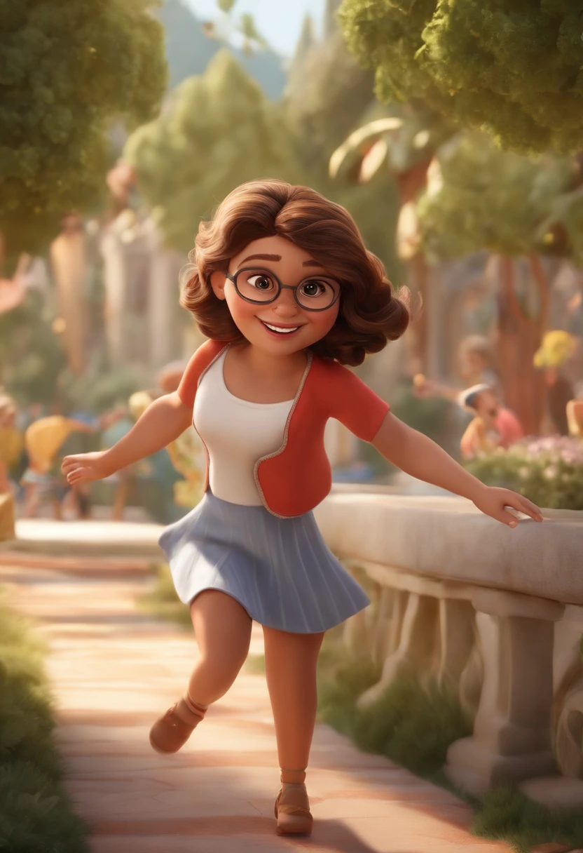 "(best quality,ultra-detalhado,Realistic:1.37),3D rendering,illustration,design de personagens,cabelos curtos e cacheados escuros,belos olhos detalhados,wearing white glasses,Estilo Pixar,morena mulher,Dancing on the Disney stage,atmosfera animada,vivid colors,luzes de palco,expression joyful"