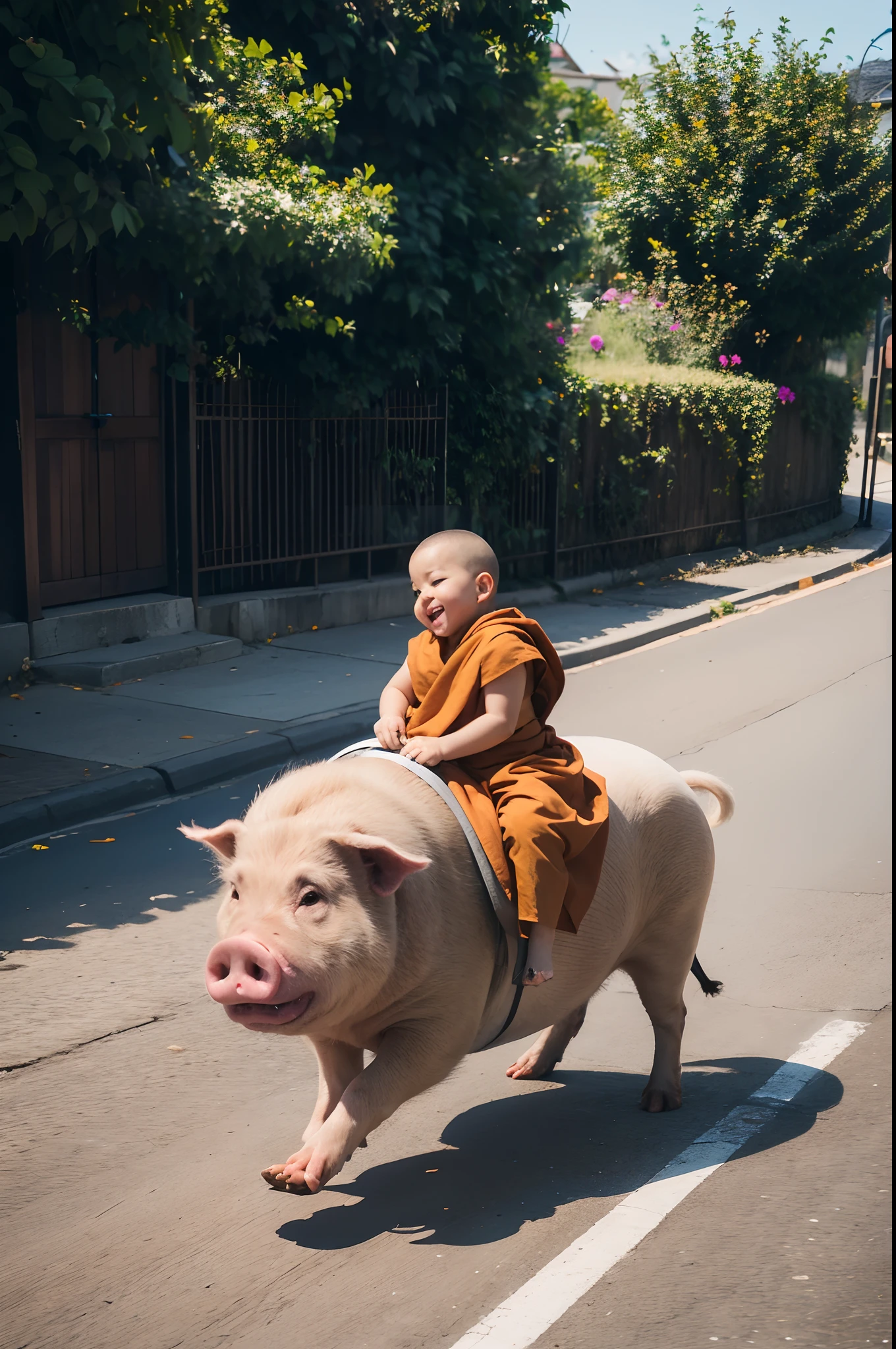 I can't walk yet,Cute little monk,Riding a big fat pig,It works fast