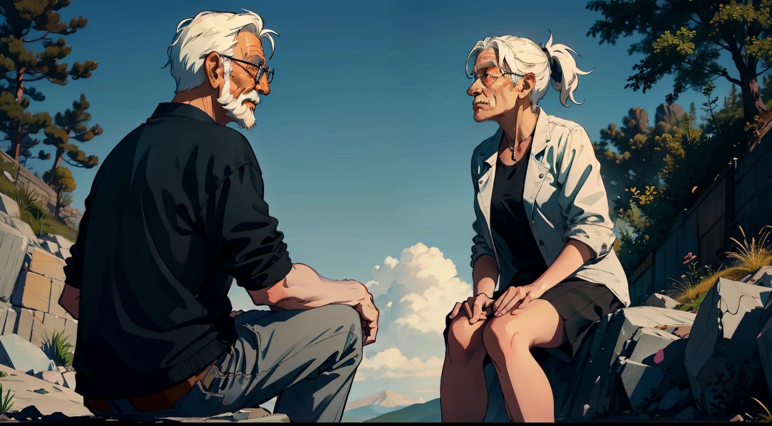 An old man sitting on a rock, talking to a young woman.
meets a wise and experienced old man who encourages her to follow her dream.