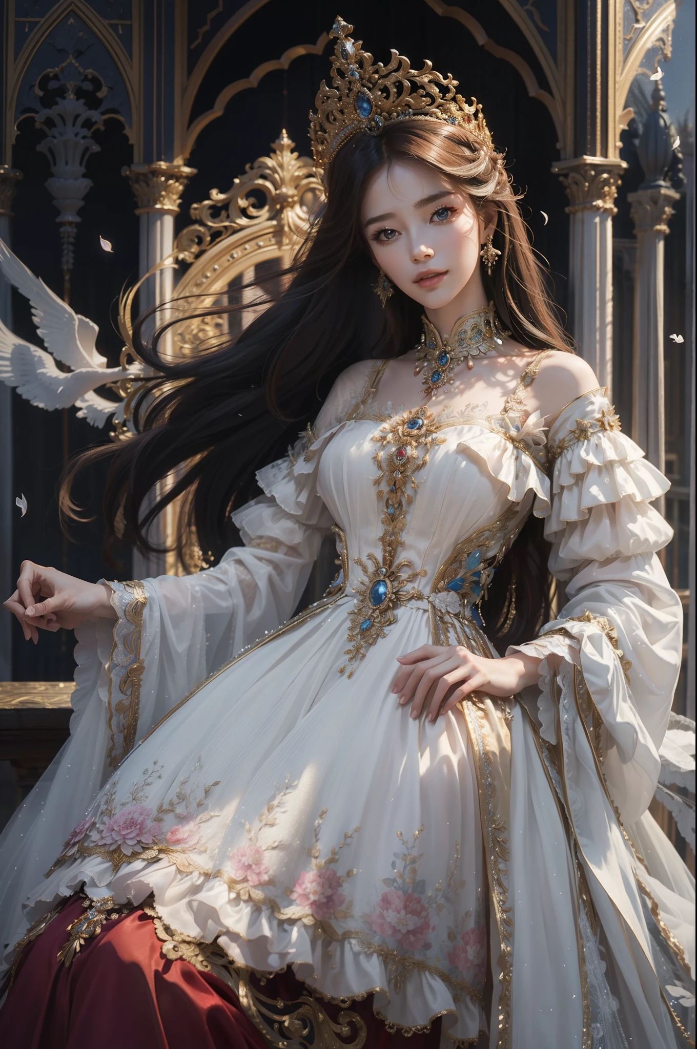 ((top-quality、masterpiece、photographrealistic:1.4、8K))、1 beautiful detailed girl、extremely detailed eye and face、beatiful detailed eyes、(Complex luxury red dress in medieval European style、Luxurious dress hat in medieval European style)、Luxury accessories、Elegant smile、natta(Depict a scene of a princess standing on the balcony of a castle。Hair swaying in the wind and a dress complement her noble vibe。)、Cinematic lighting、Textured skin、Super Detail、high detailing、High quality、hight resolution、(looking at the viewers)、Petals flutter