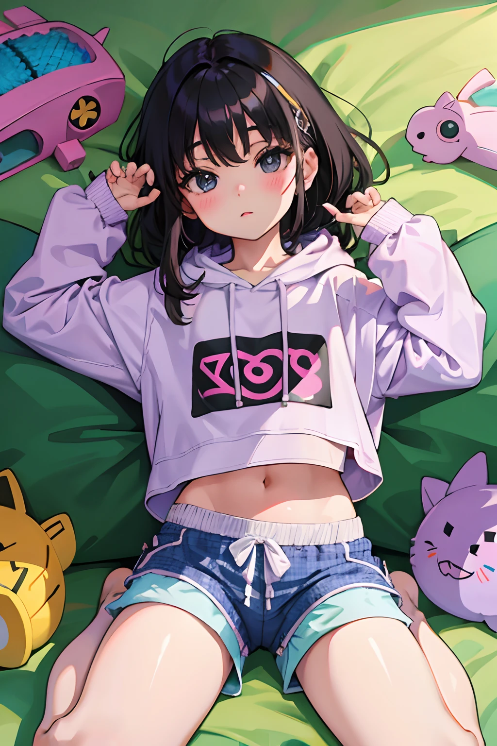 wariza,(child)，（​masterpiece，Highest Quality），Crop Top Look，Pastel Hoodie，(Gingham Check Shorts)，A dark-haired，Twin-tailed，World of toys