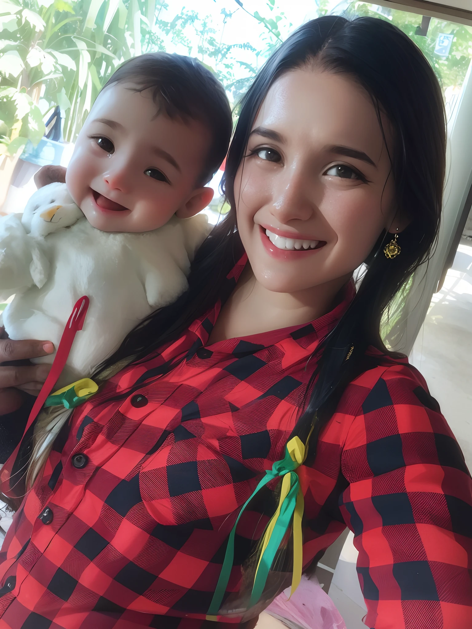 Woman holding a baby in her arms and smiling for the camera, 3 5 year brazilian mother, Directed by: Nandor Soldier, Alanis Guillen, imagem de qualidade muito baixa, imagem de perfil, non blurry, by Amelia Peláez, with a kid, fernanda suarez, Upload de alta qualidade, Lorena Avarez, Foto realista, mateus 9 5