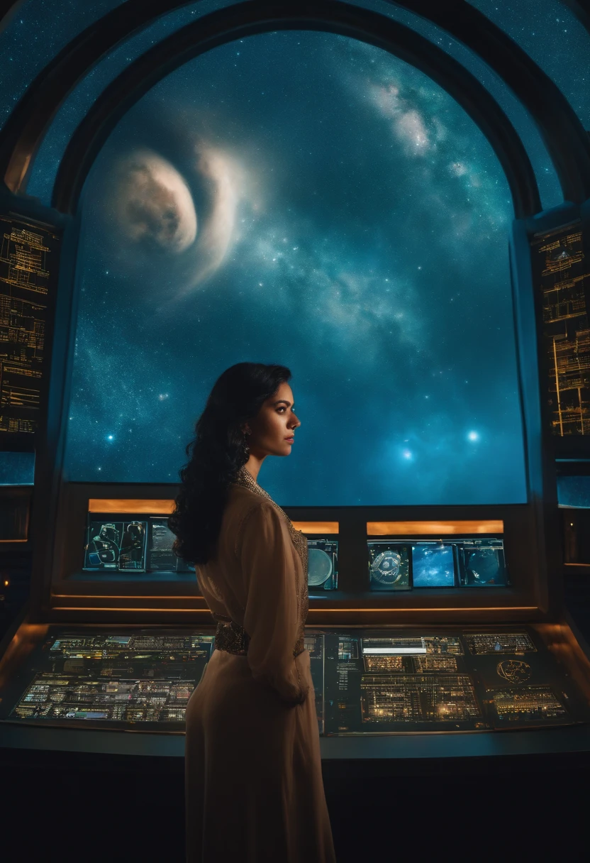 Technique dressed as a young woman with black hair and serious expression, The background is a large scientific observatory with many large and personal screens
