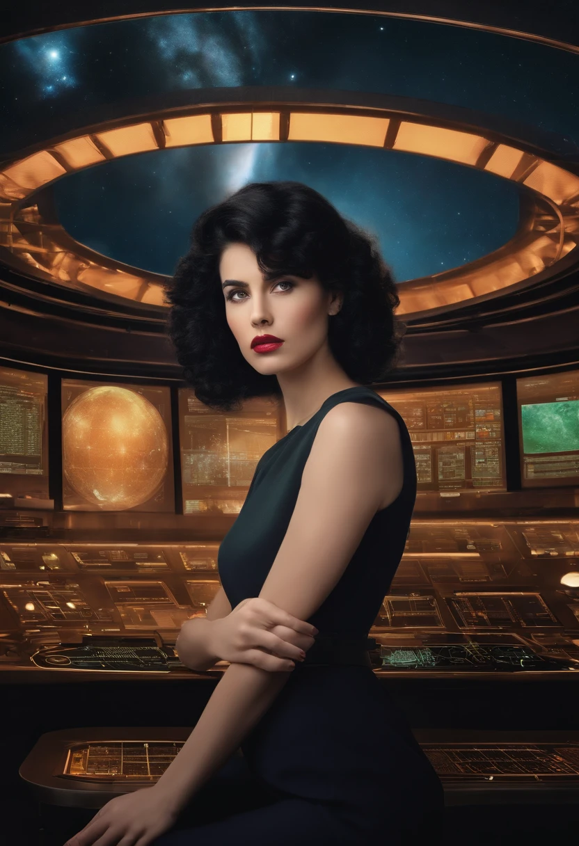 Technique dressed as a young woman with black hair and serious expression, The background is a large scientific observatory with many large and personal screens