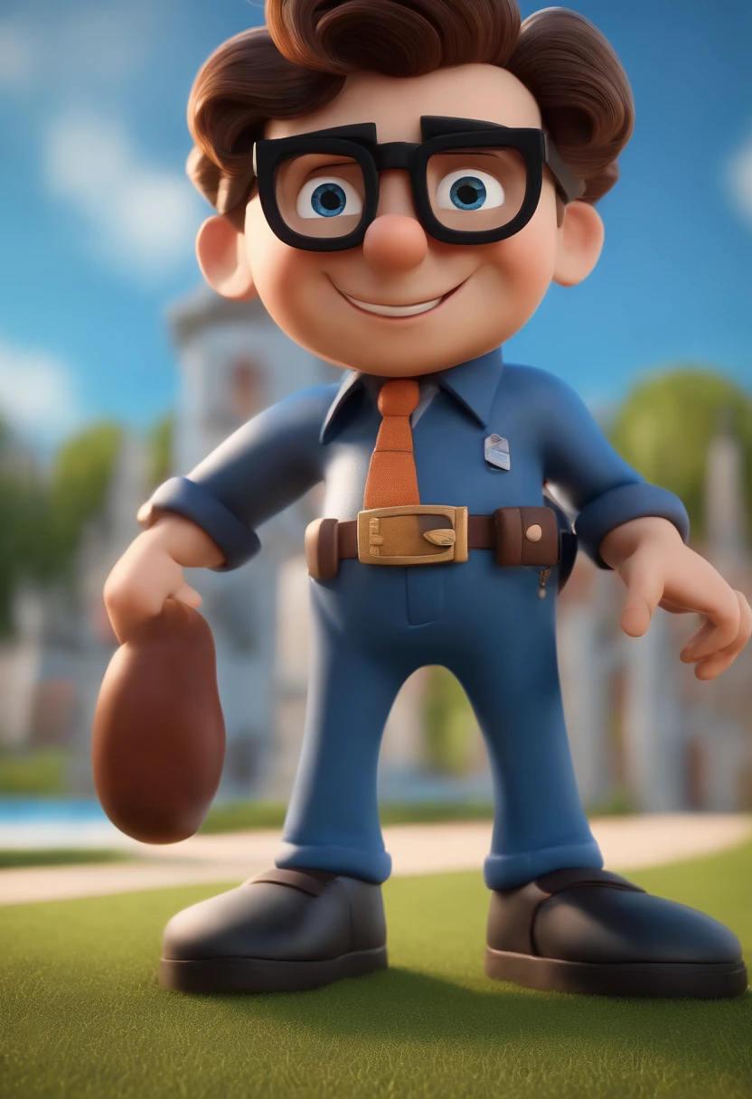 Cartoon character of a man wearing black glasses and a blue shirt, um personagem animado, Caractere estilizado, animation style rendering, 3D estilizado, Arnold Maya render, 3 d render stylized, toon render keyshot, Personagem 3D, Personagem 3D, 3d rendering stylized, 3 d character render, personagem de desenho animado, Personagem de close up, Pose de personagem, (Estilo Pixar) (master part:1.2) (Bokeh) (best quality) (pele detalhada) (textura detalhada) (8k) (argila) (Cinematic lighting) (foco nítido,Senta e vaza a parte superior do corpo