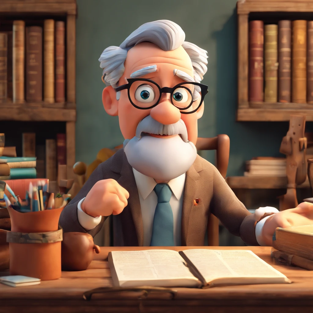 Crie um cartaz inspirado na Disney Pixar com o personagem sendo o pastor Rubens Janier, A gray-haired man wearing glasses, in an office with a Bible on the table