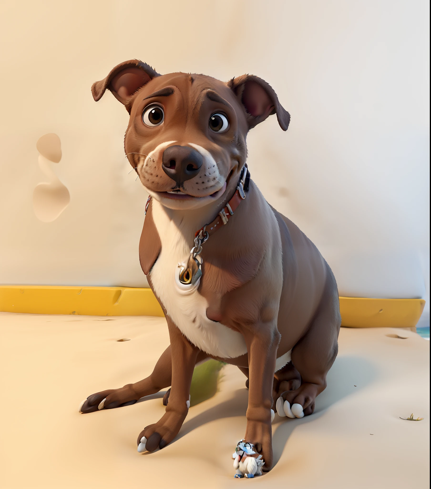 Personagem da pixar, cachorro pitbull cinza com orelhas pra cima, Wearing a beach hat, na frente da beira da praia.