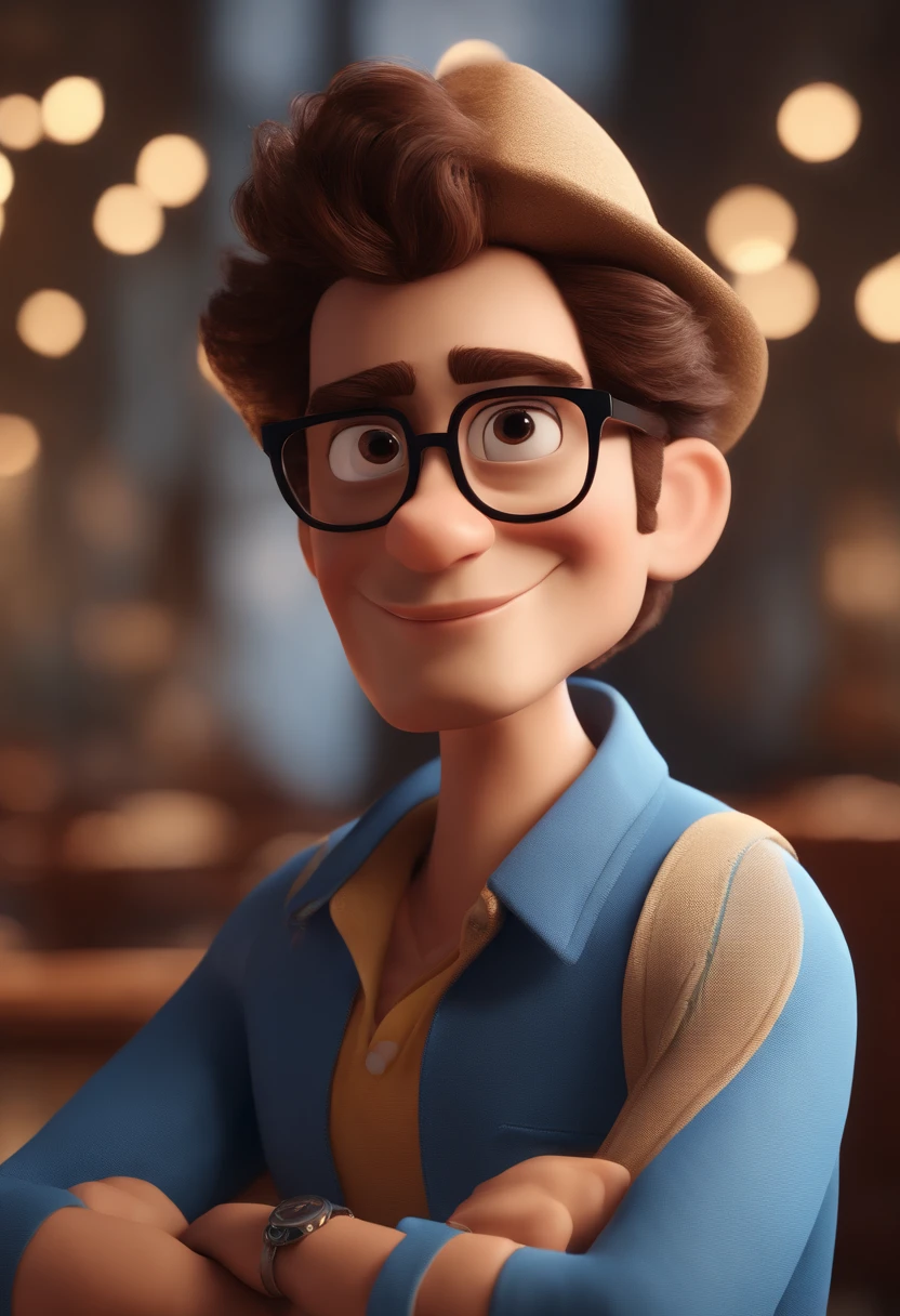 Cartoon character of a man with black glasses and a blue shirt, animation character, Caractere estilizado, animation style rendering, 3D estilizado, Arnold Maya render, 3 d render stylized, toon render keyshot, Personagem 3D, Personagem 3D, 3d rendering stylized, 3 d character render, personagem de desenho animado, Personagem de close up, Pose de personagem,  (Estilo Pixar) (master part:1.2) (Bokeh) (best quality) (pele detalhada) (textura detalhada) (8k) (argila) (Cinematic lighting) (foco nítido