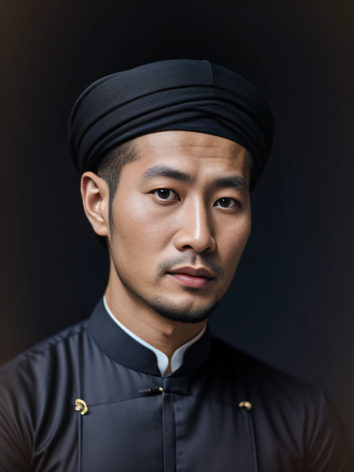 Highly realistic photo, image of a 30 year old Asian man, vietanm turban, (black) traditional men's (ao dai), photo taken in 1965 with a Kodak camera, dark blue background, (no hands)