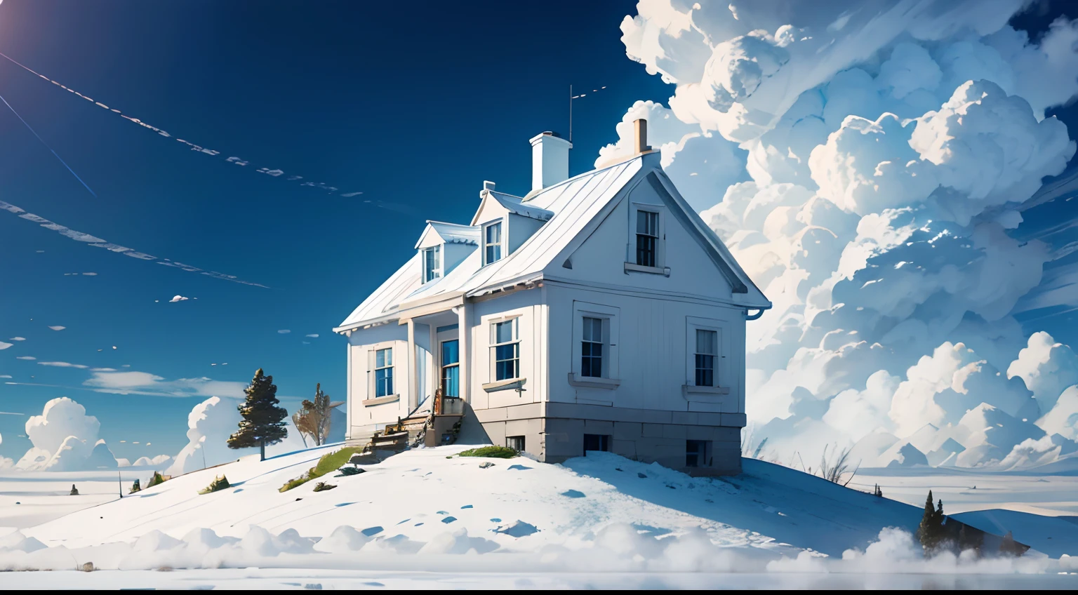 Small white house above the clouds of the plains