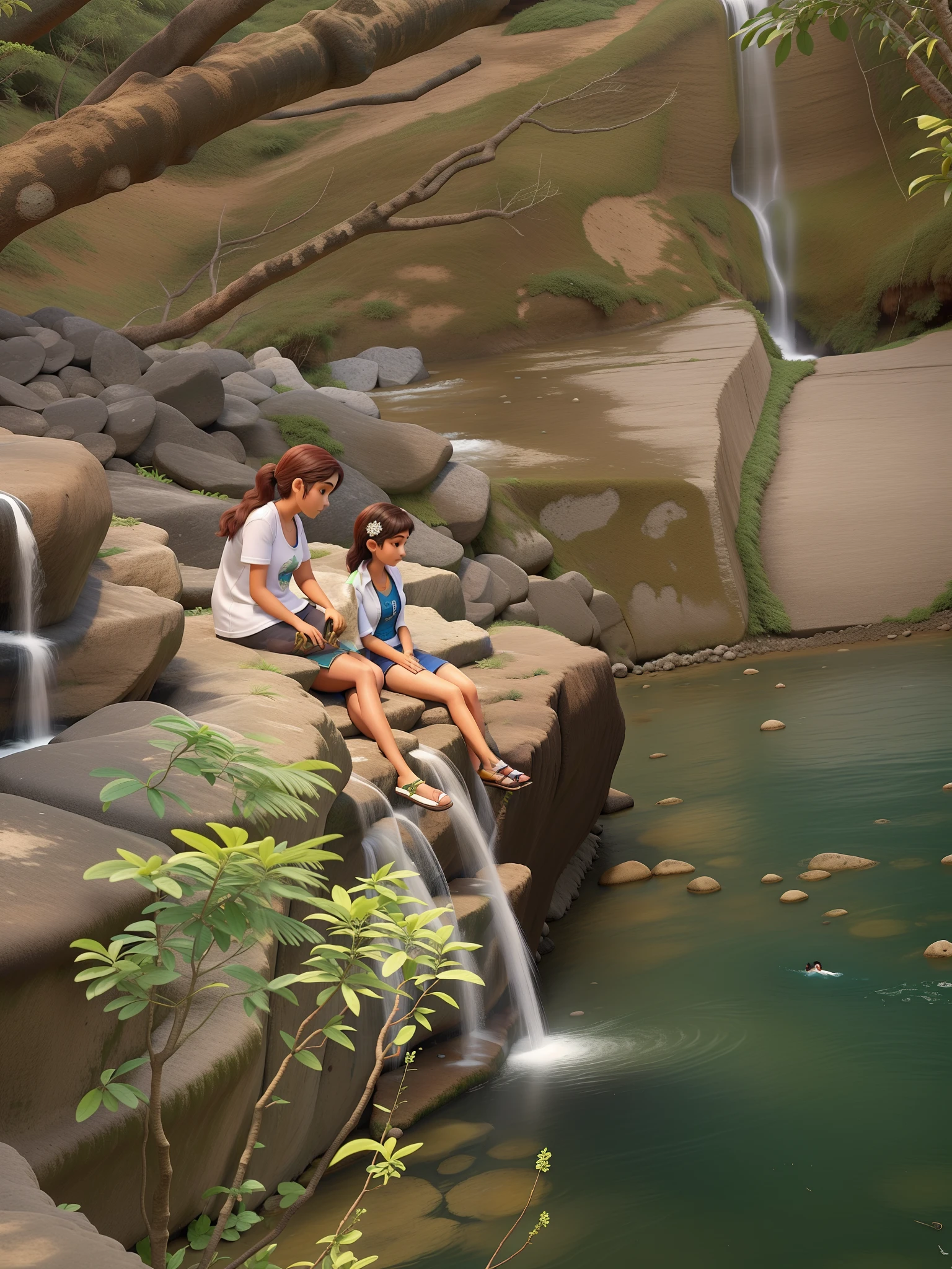 Duas amigas sentadas em uma cachoeira