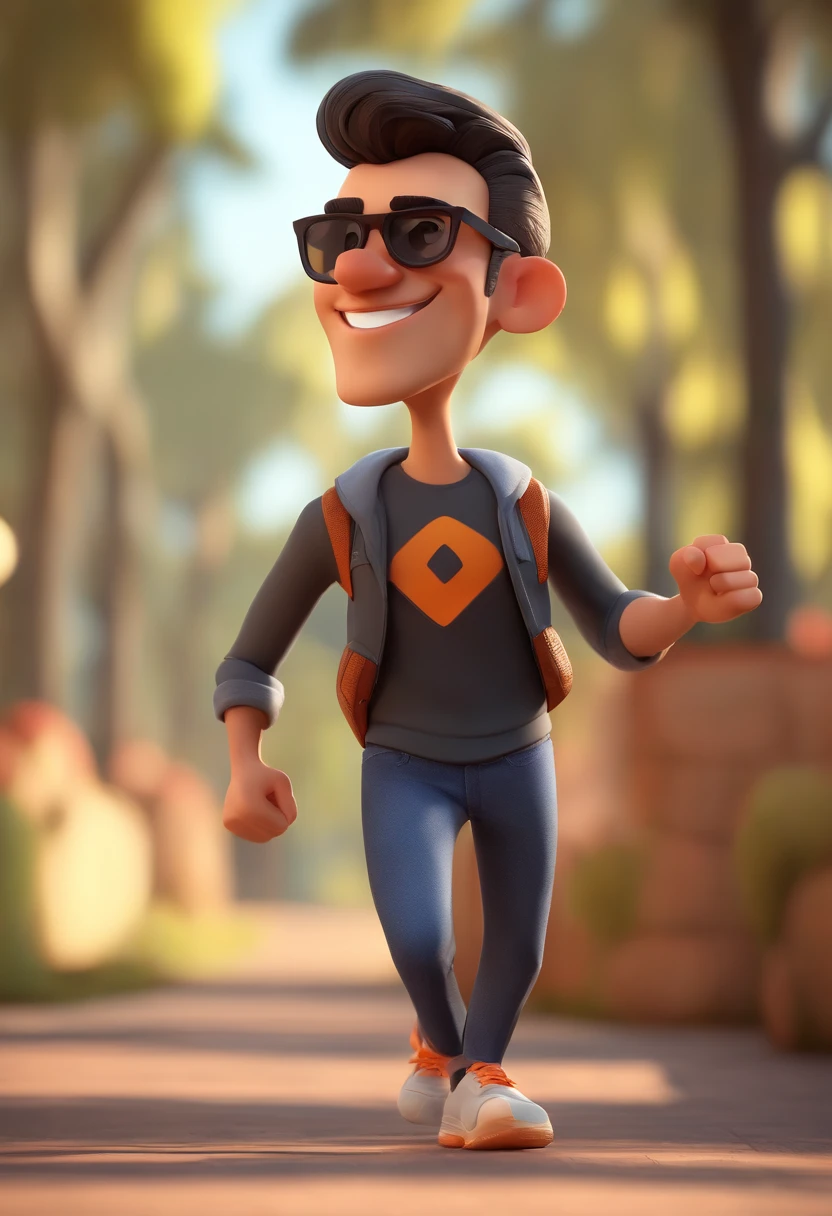 Cartoon character of a man with sunglasses and a black shirt, escrita na peito DPS.na cor laranja, Running shorts and orange sneakers,   animation character, Caractere estilizado, animation style rendering, 3D estilizado, Arnold Maya render, 3 d render stylized, toon render keyshot, Personagem 3D, Personagem 3D, 3d rendering stylized, 3 d character render, personagem de desenho animado, Personagem de close up, Pose de personagem,  (Estilo Pixar) (master part:1.2) (Bokeh) (best quality) (pele detalhada) (textura detalhada) (8k) (argila) (Cinematic lighting) (foco nítido
