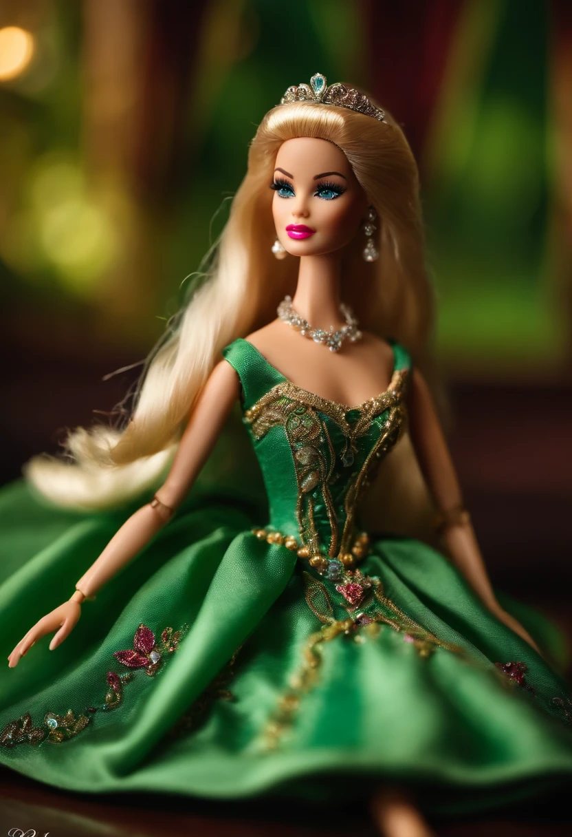 BONECA BARBIE COM UM VESTIDO DA CIDERELLA NUM FUNDO VERDE
