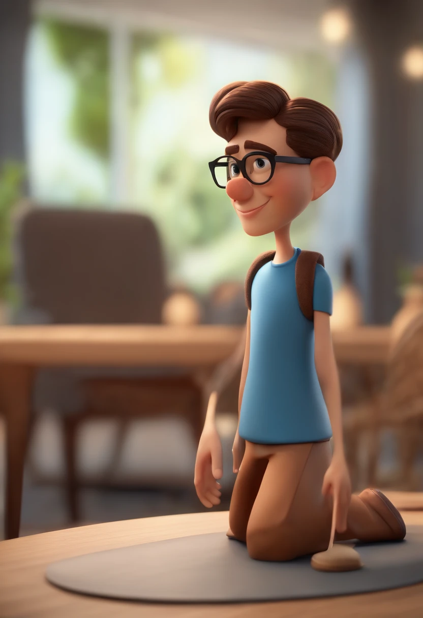 Cartoon character of a man wearing black glasses and a blue shirt, um personagem animado, Caractere estilizado, animation style rendering, 3D estilizado, Arnold Maya render, 3 d render stylized, toon render keyshot, Personagem 3D, Personagem 3D, 3d rendering stylized, 3 d character render, personagem de desenho animado, Personagem de close up, Pose de personagem, (Estilo Pixar) (master part:1.2) (Bokeh) (best quality) (pele detalhada) (textura detalhada) (8k) (argila) (Cinematic lighting) (foco nítido，Senta e vaza a parte superior do corpo