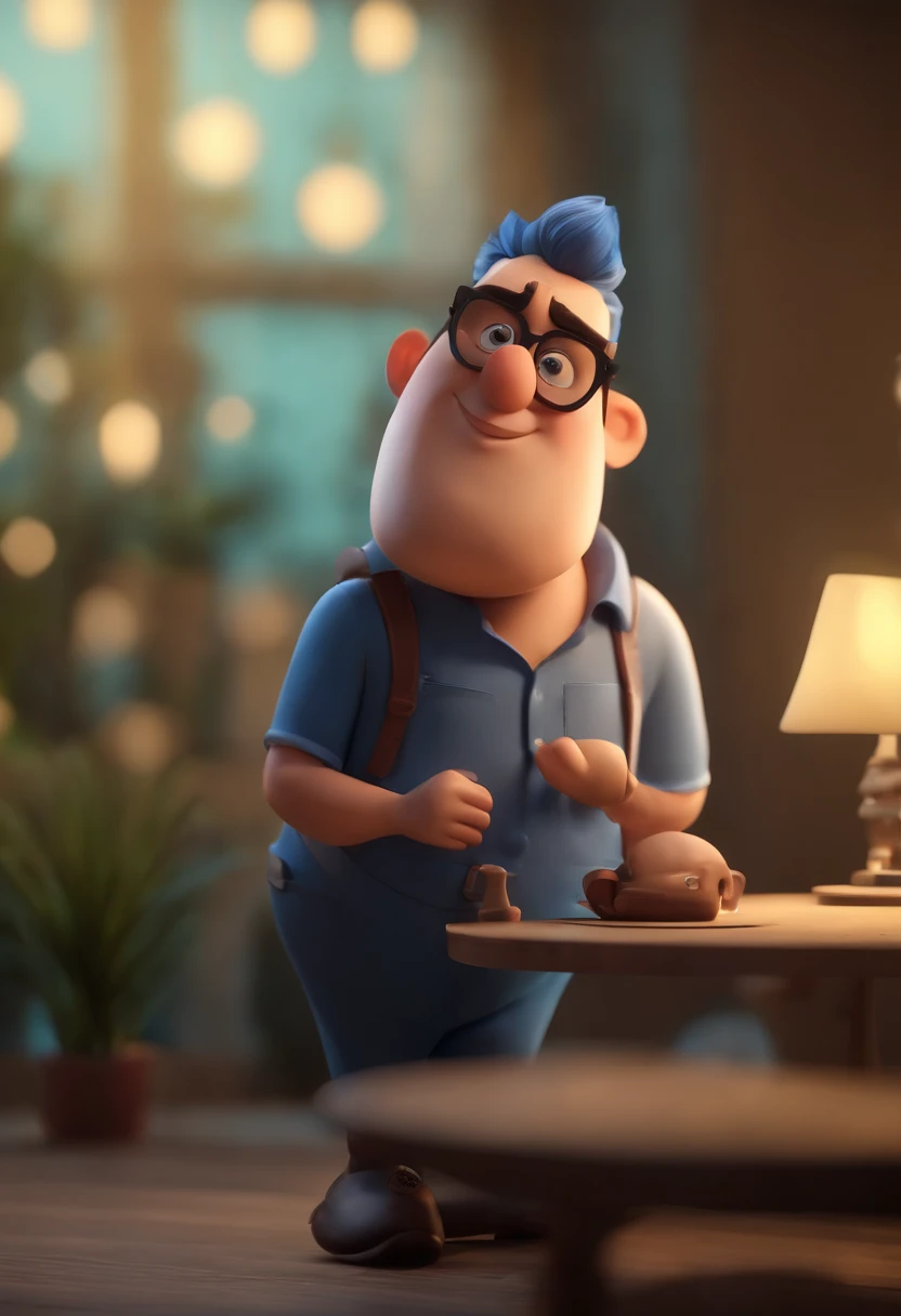 Cartoon character of a man wearing black glasses and a blue shirt, um personagem animado, Caractere estilizado, animation style rendering, 3D estilizado, Arnold Maya render, 3 d render stylized, toon render keyshot, Personagem 3D, Personagem 3D, 3d rendering stylized, 3 d character render, personagem de desenho animado, Personagem de close up, Pose de personagem, (Estilo Pixar) (master part:1.2) (Bokeh) (best quality) (pele detalhada) (textura detalhada) (8k) (argila) (Cinematic lighting) (foco nítido,Senta e vaza a parte superior do corpo