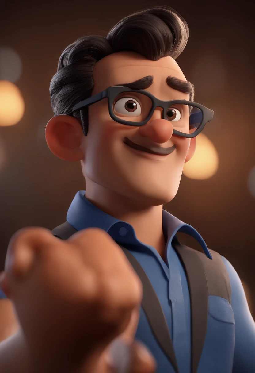 Cartoon character of a man with black glasses and a blue shirt, animation character, Caractere estilizado, animation style rendering, 3D estilizado, Arnold Maya render, 3 d render stylized, toon render keyshot, Personagem 3D, Personagem 3D, 3d rendering stylized, 3 d character render, personagem de desenho animado, Personagem de close up, Pose de personagem, (Estilo Pixar) (master part:1.2) (Bokeh) (best quality) (pele detalhada) (textura detalhada) (8k) (argila) (Cinematic lighting) (foco nítido