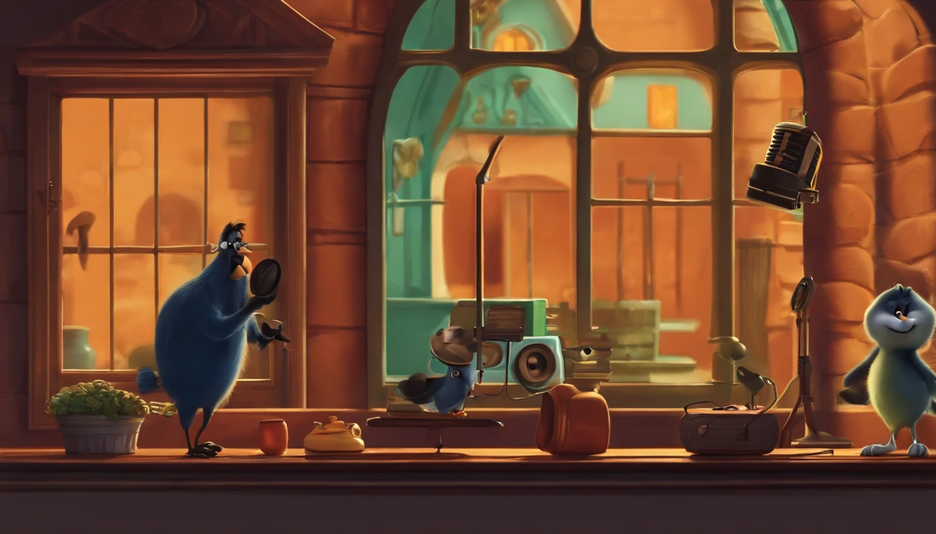 um homem, em breve, barba curta, olhos castanhos, com fones de ouvido, A music studio in the background, Imagem no estilo Pixar, Estilo de filme animado 3D, Disney, camiseta preta