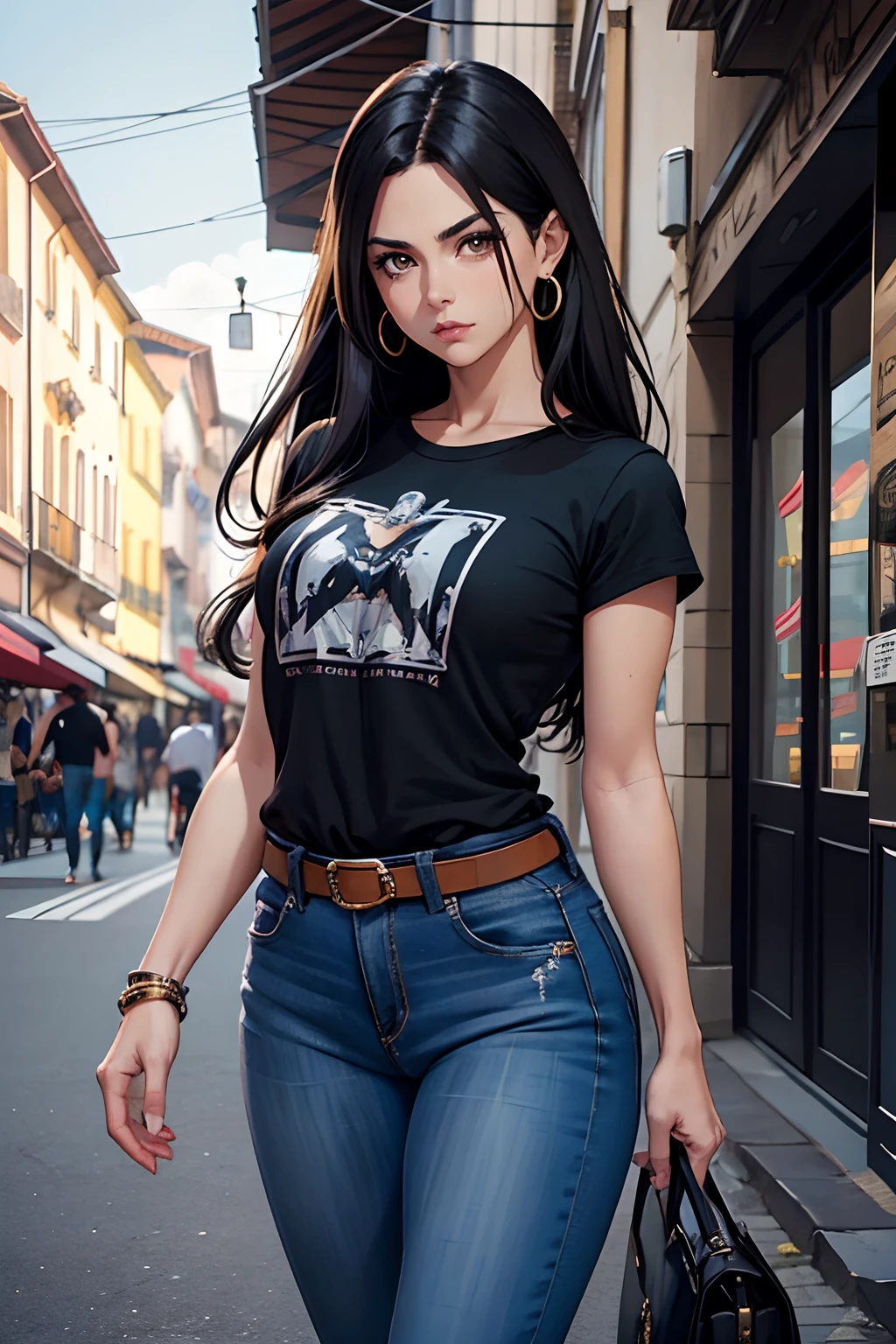 1girl, adorable face, long hair, milf, jojo anime, mature woman, jojo’s bizarre adventure, stylish woman, black hair, brown eyes, metal band shirt, jeans, italian streets, dramatic, detailed features, solo ((HIGHEST QUALITY)), ((GENERATE PERFECTLY))