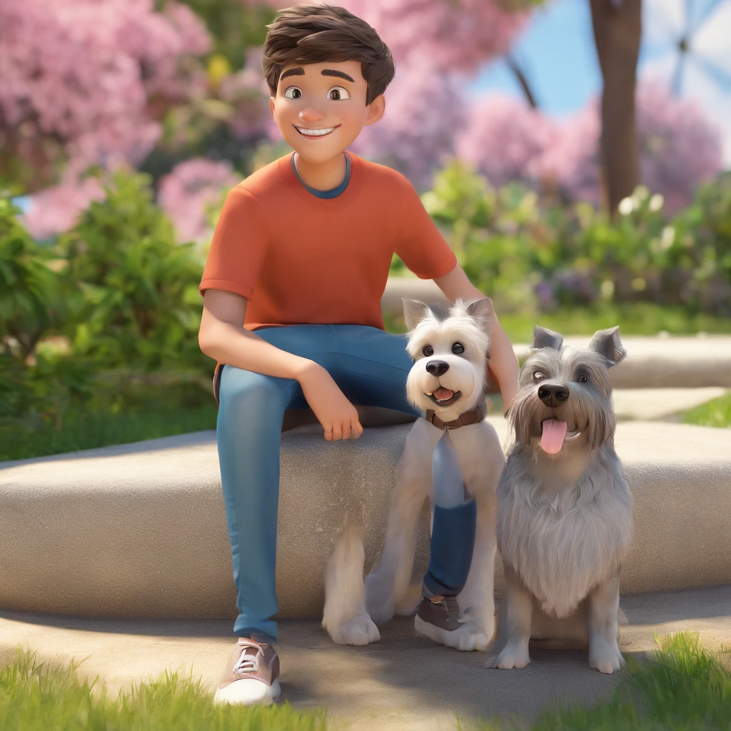 Lucas is a smiling -yeld hu boy, com seu fiel amigo, Bolt, o cachorro schnauzer, deitados no jardim