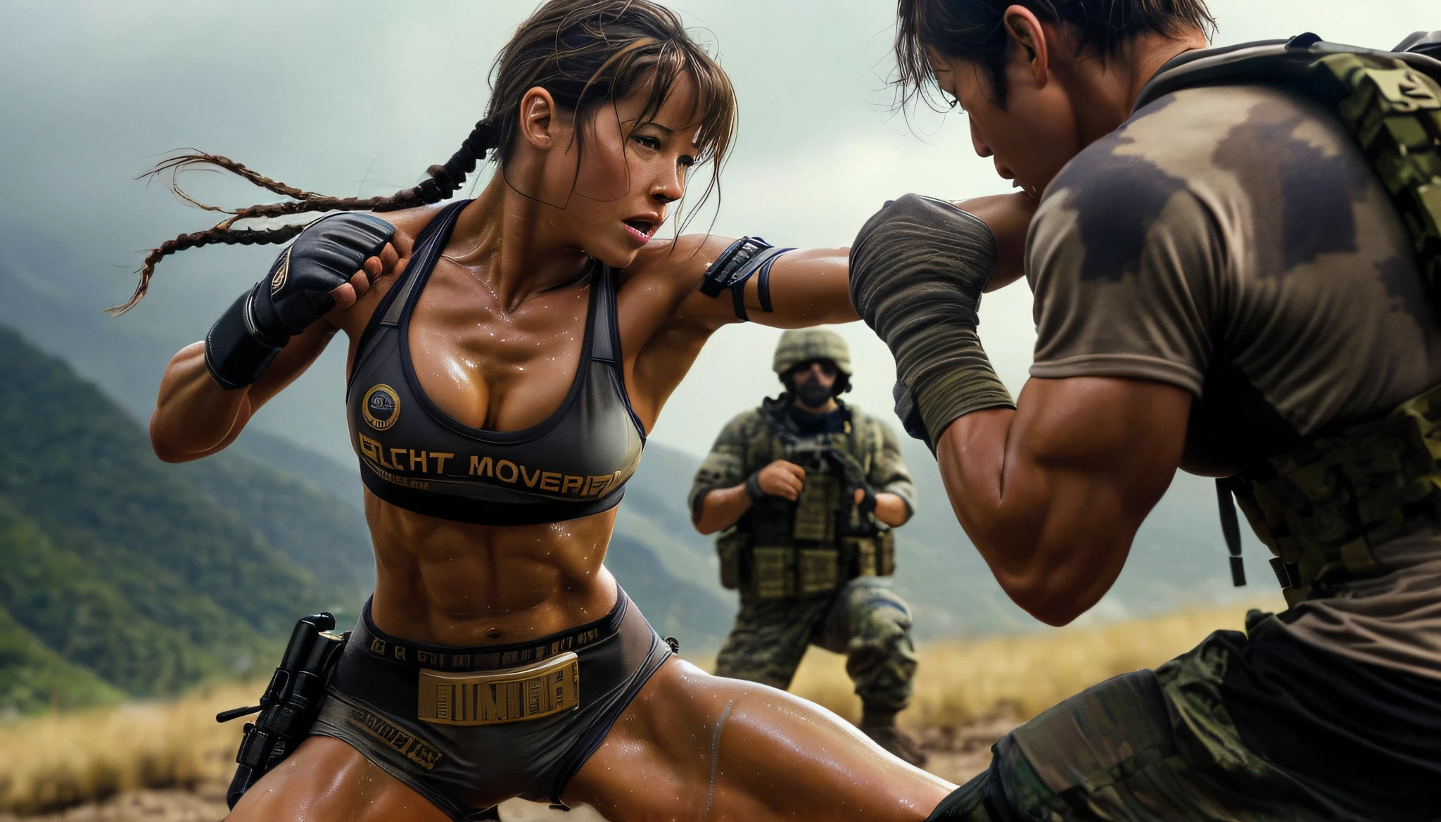 picture of a movie, sophie marceau, confident muscular warrior woman in bikini, toned abs, fighting soldier, "no blood", clean skin, "no scars"