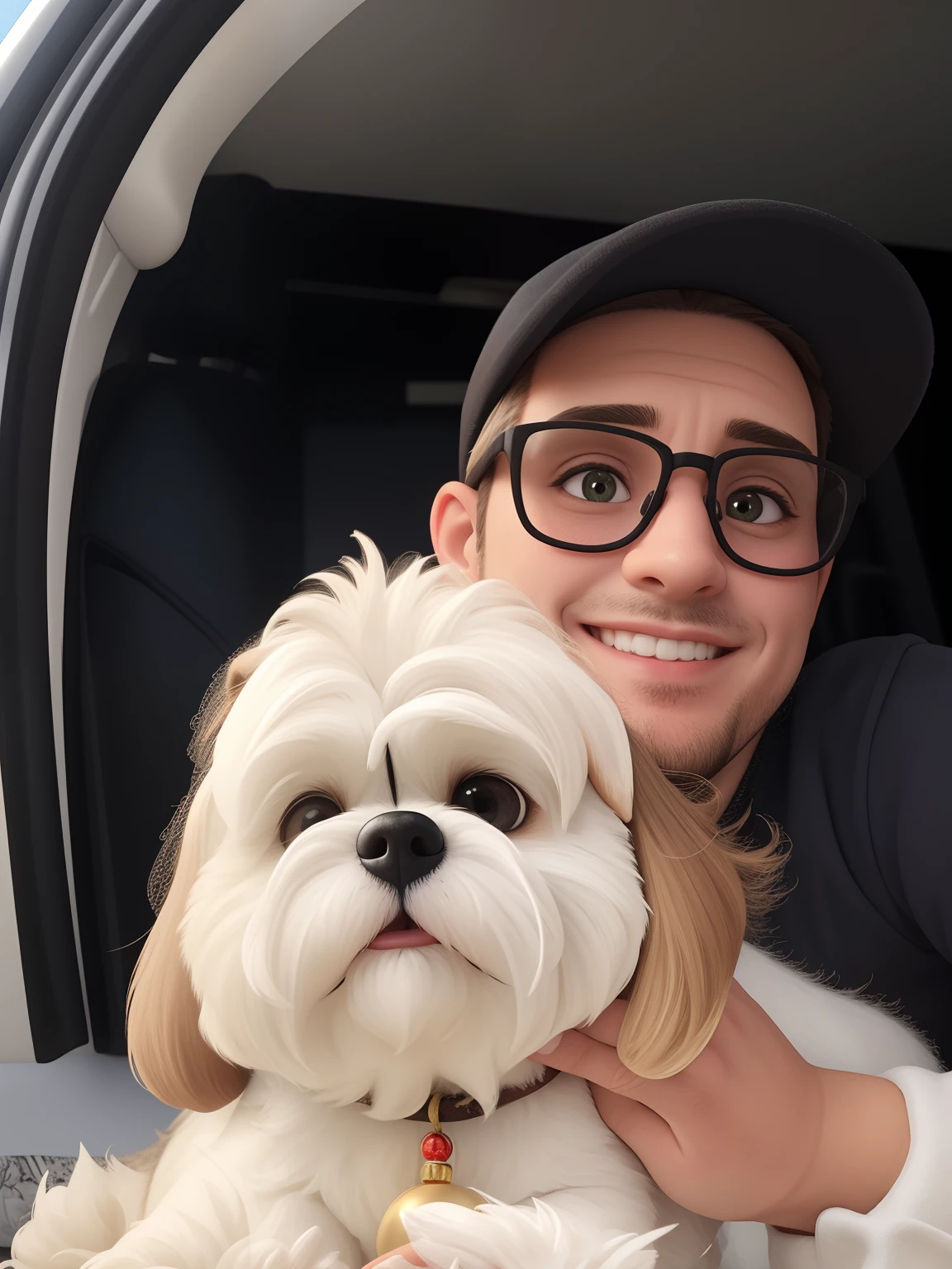 Uma homem de 30 anos, com cabelo preto bem curto, Rosto redondo, rosto redondo com soriso encantador, e olhos castanhos claros, round glasses, barba, charmoso, With Christmas Trees, quebra nozes, Christmas decorations and small shih-tzu dog, pelagem clara com manchas marrom e gorro de papai noel.