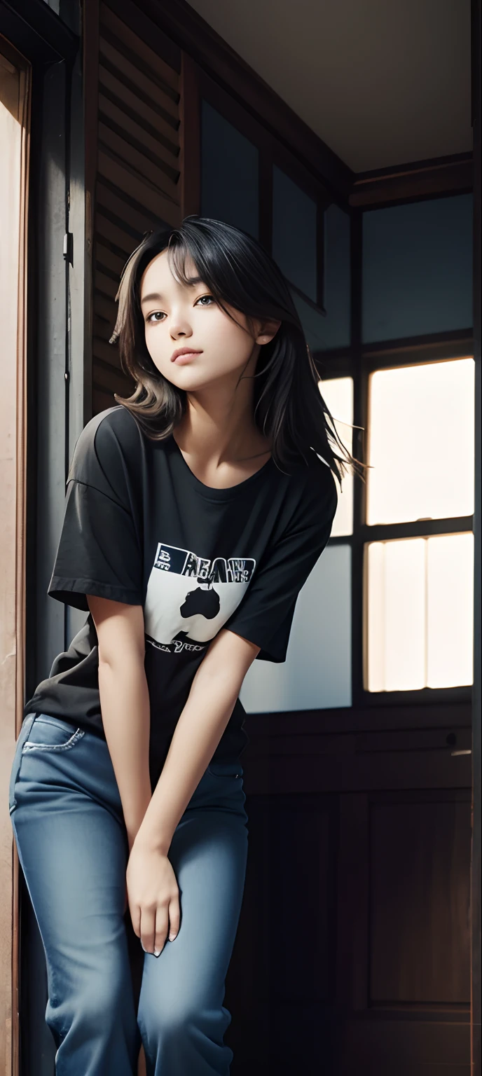 1 girl, standing, wearing black oversized t shirt, Blue jeans,face is slightly tilt to right, posing for camera,leaning forward