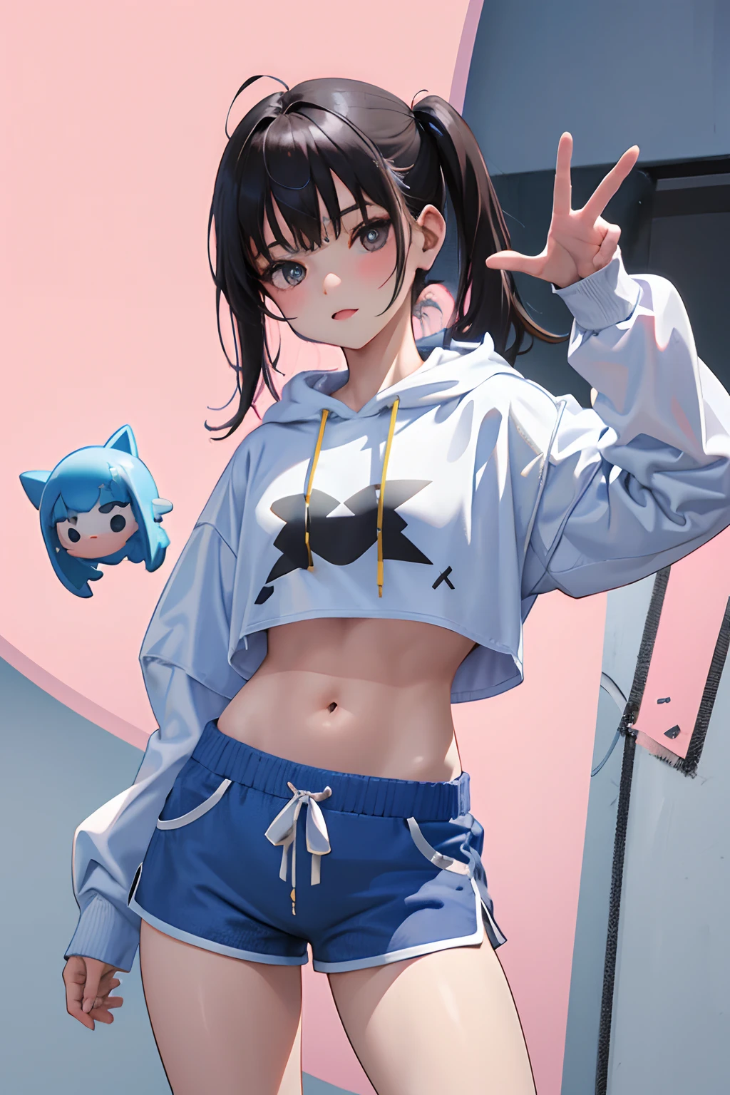 ()，（​masterpiece，Highest Quality），Crop Top Look，Pastel Hoodie，(Gingham Check Shorts)，A dark-haired，Twin-tailed，World of toys