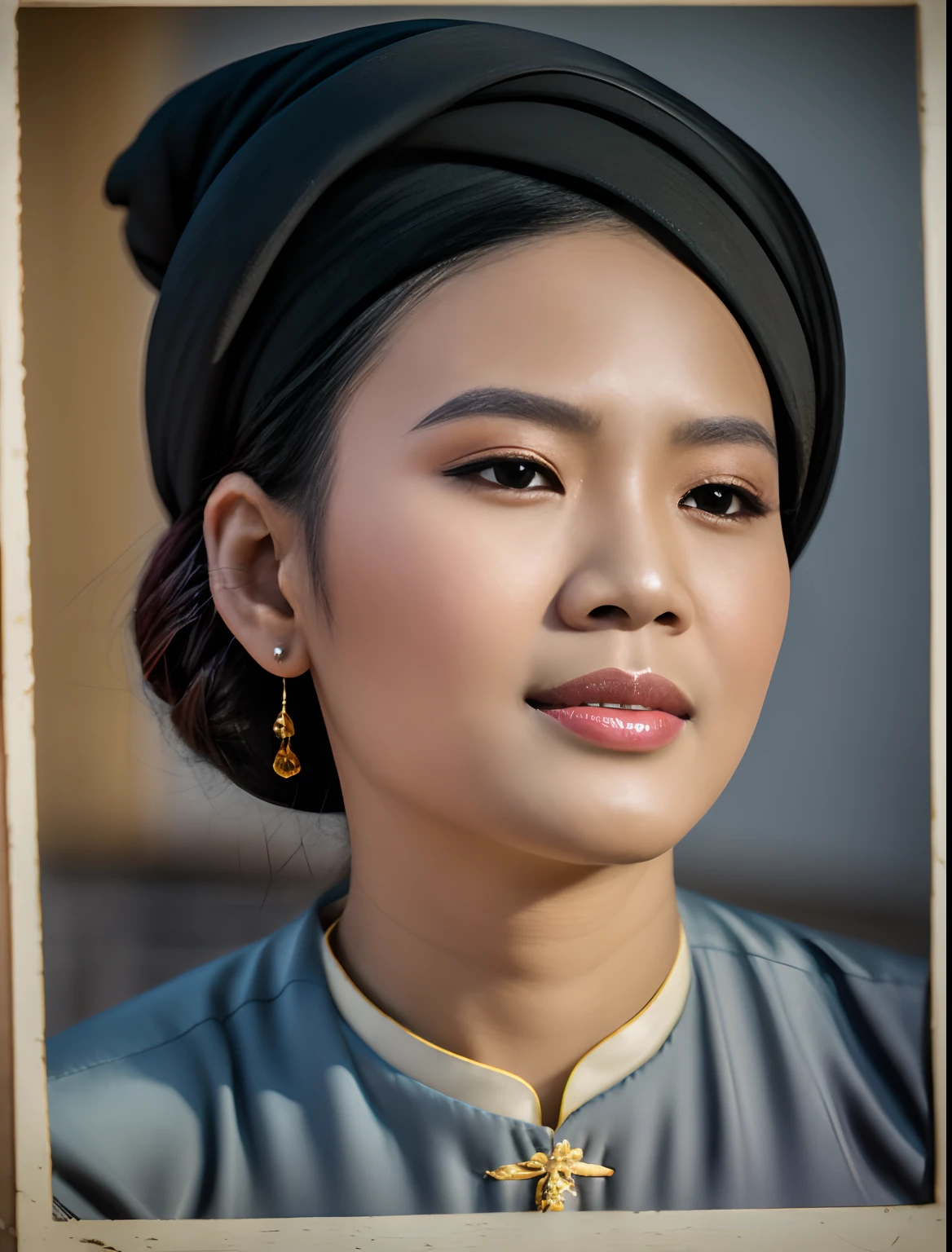 Highly realistic photo, Portrait photo of a 30-year-old Vietnamese woman, (wear a ao dai vietnam), (black turban) on black hair, dark blue background, photo taken in 1945 by kodak.
