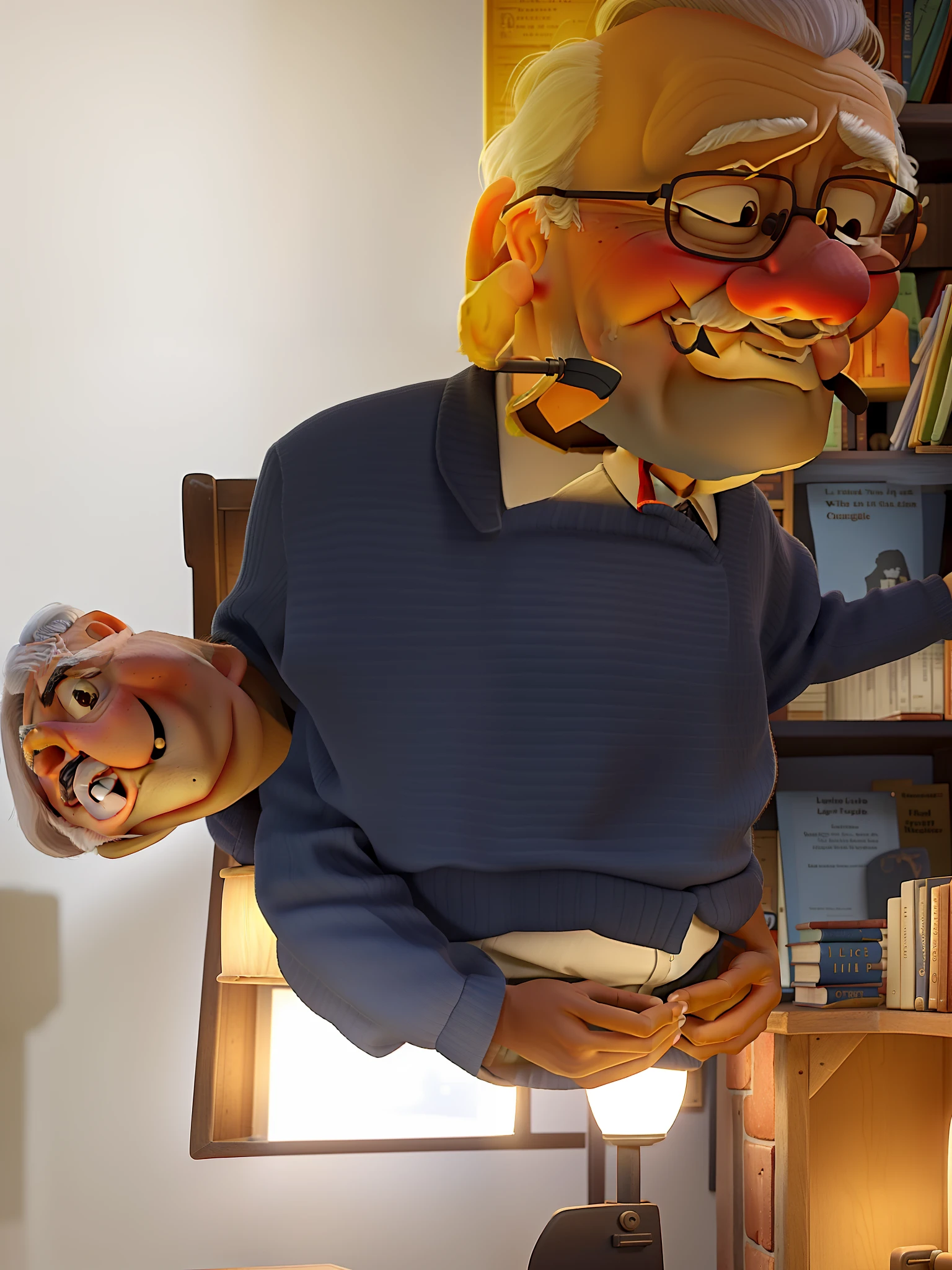 A wise old man standing in front, illuminated by the light of a lamp, against the backdrop of a library