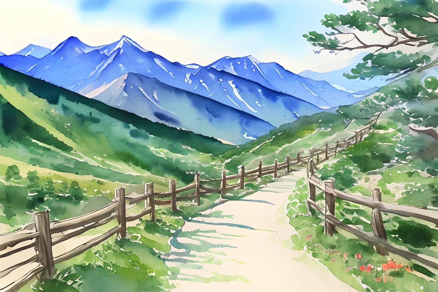 Mountain Trails、Watercolor style、