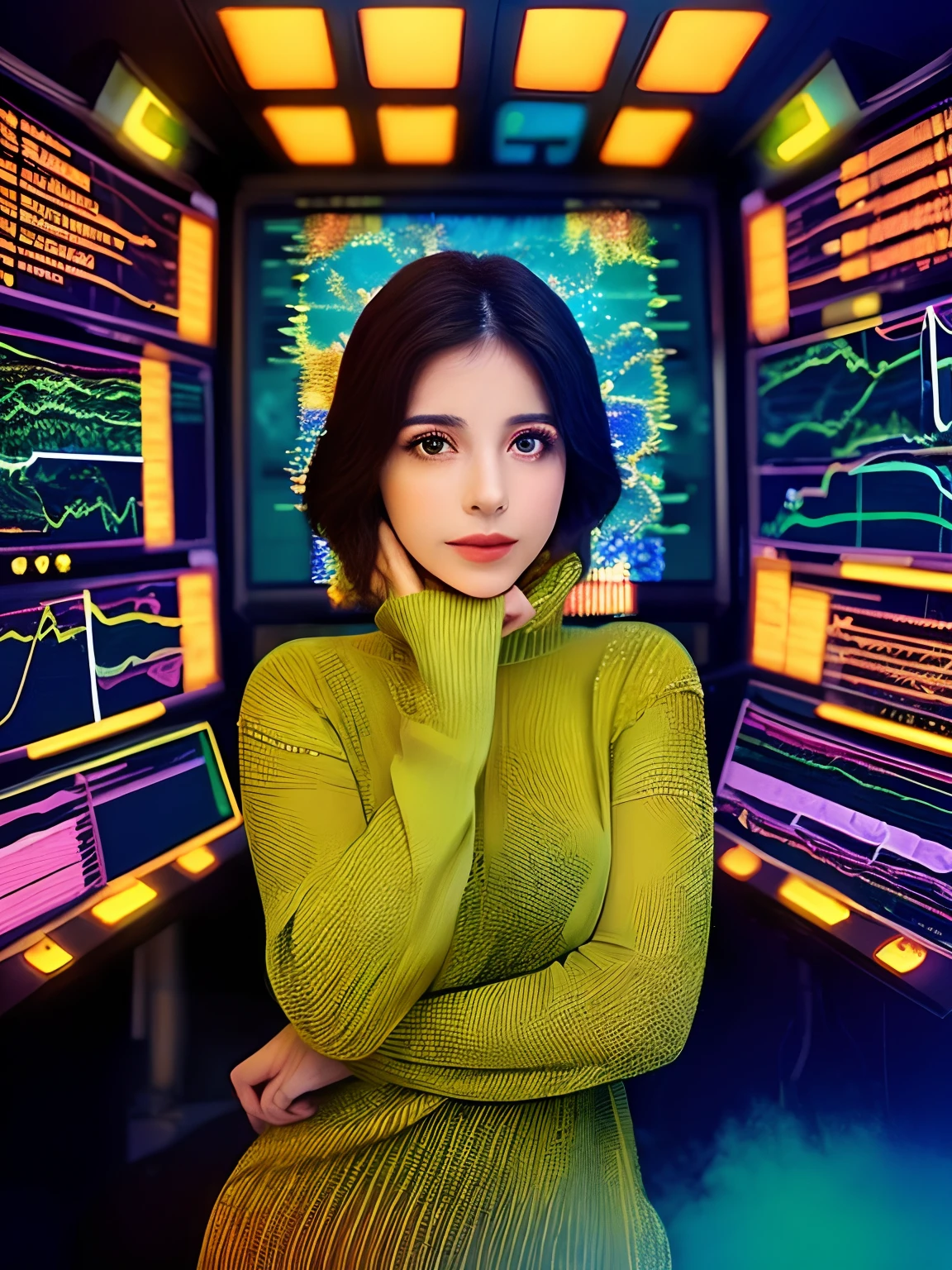 Dreamscape beautiful woman wearing an iridescent sweater, Mining Control Room, Marchando, . surreal, Ethereal, sonhador, Misterioso, fantasia, altamente detalhado