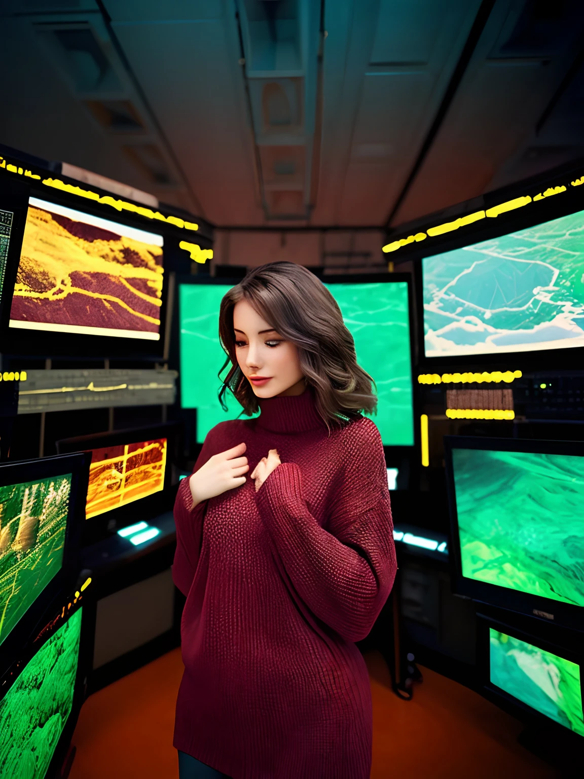 Dreamscape beautiful woman wearing an iridescent sweater, Mining Control Room, Marchando, . surreal, Ethereal, sonhador, Misterioso, fantasia, altamente detalhado