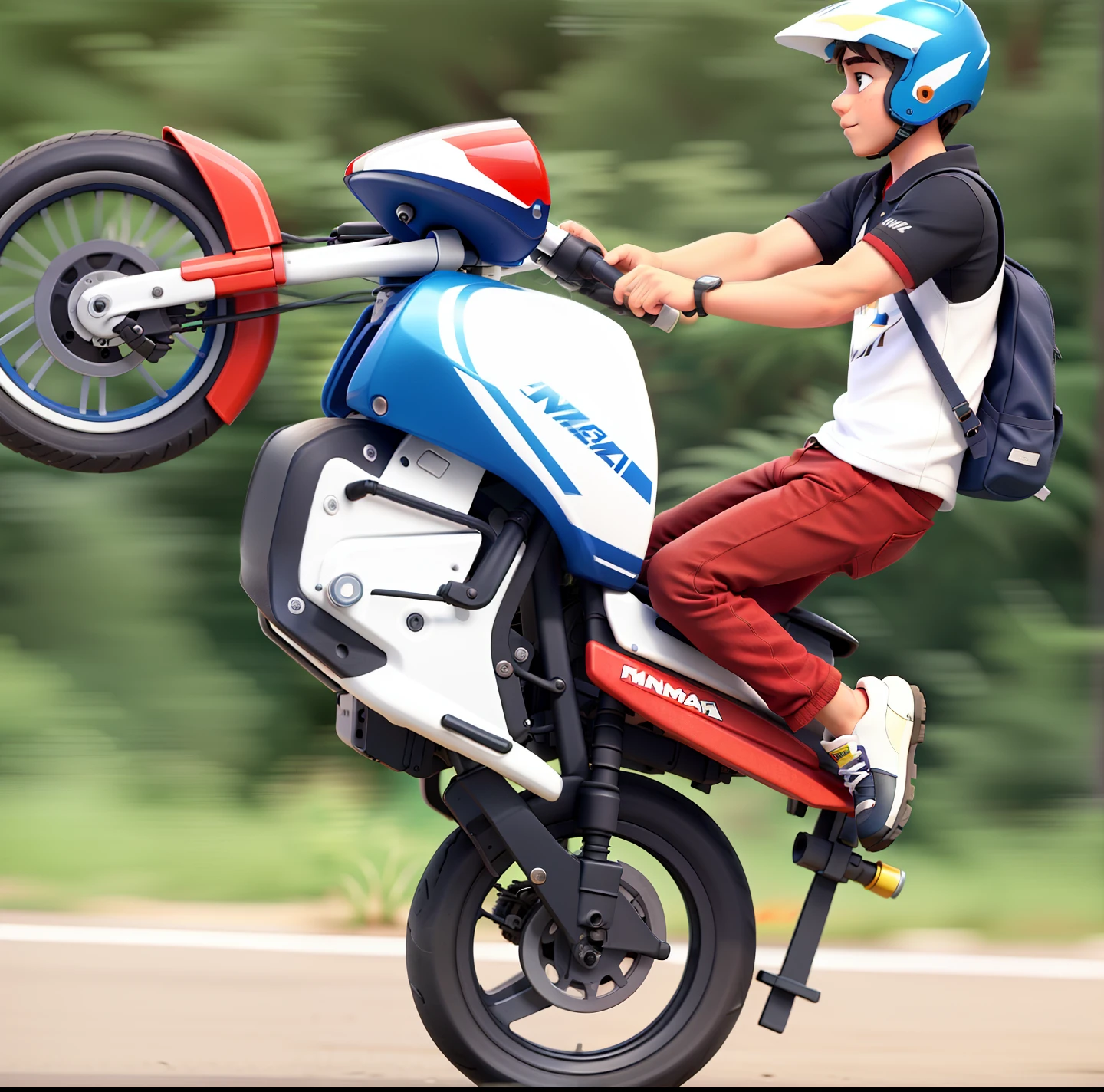 Um menino branco fazendo manobras de motos, empinando fazendo wheeling