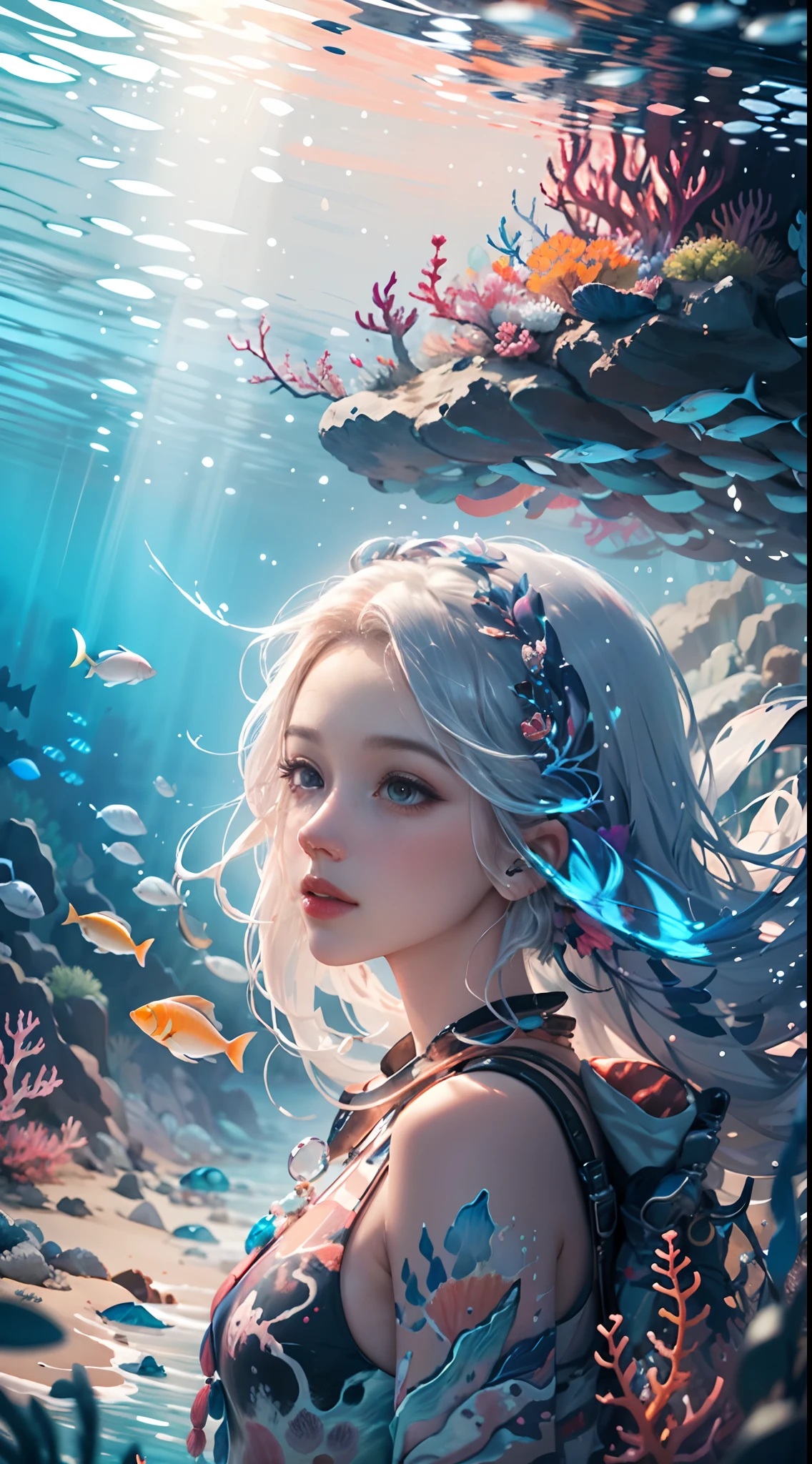 Conceptual art of marine life, Undersea landscape, Marine life,Beautiful coral reefs come in different shapes, 3D,, Fish, Female animated fantasy illustration. Long white hair scattered in the sea, Drift, Very harmonious. The whole painting adopts a messy and imaginative painting style. The colors are bright and saturated, And with smooth lines. The mystery and beauty of the ocean, The painting depicts an underwater world full of life and vitality, Animated art wallpaper 8 K
