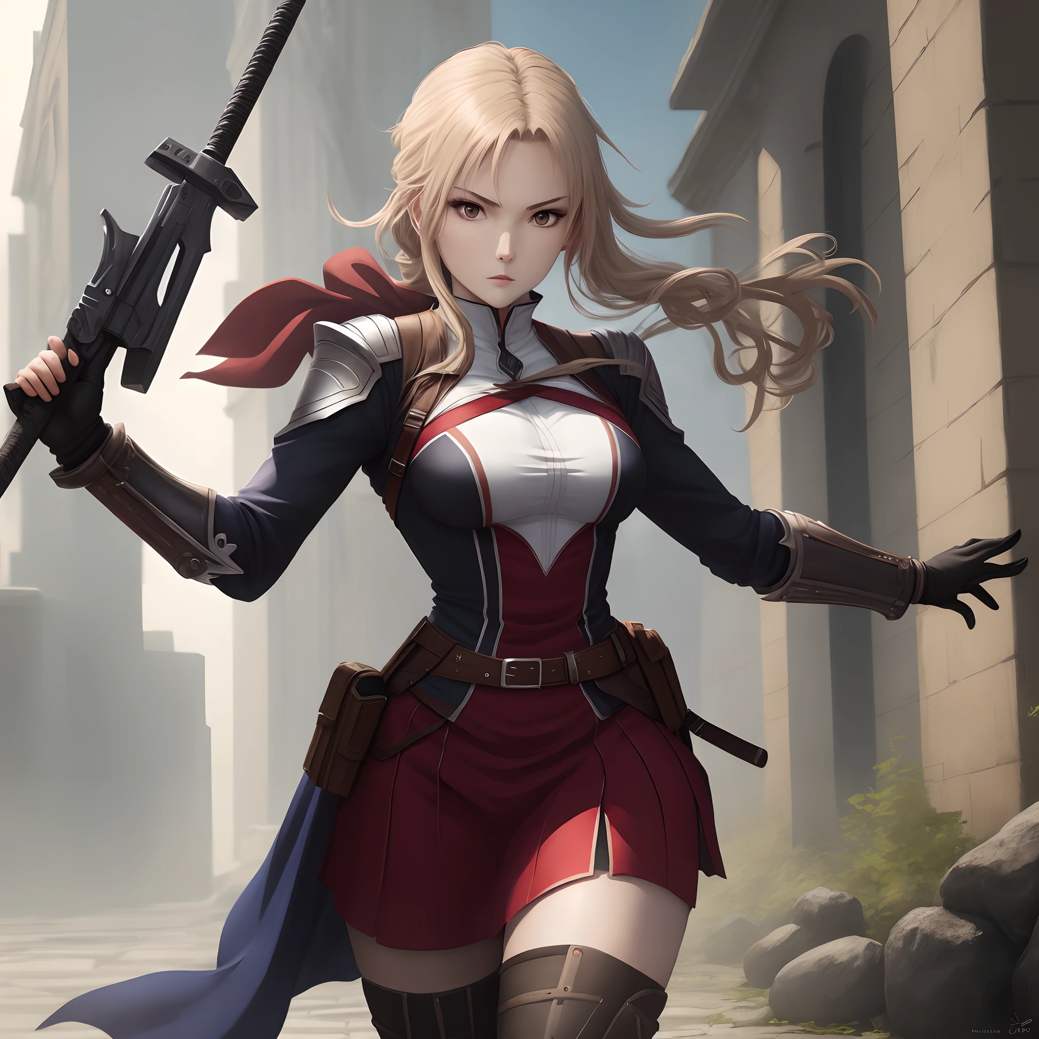 assassin woman, graceful, standing, holding weapon, anime