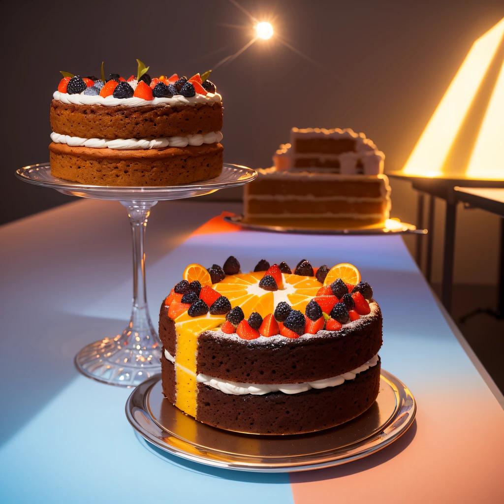 Cake methyl orange solution station,Stereo equidistance,starlights,Cake Tyndall effect,Light and shadow intensification,Cake modeling,Four-dimensional model,Virtual Engine,Cake rendering,Studio lighting,The light shines,fantasy atmosphere,The cake is brightly colored,8K cake,Surface reflected light