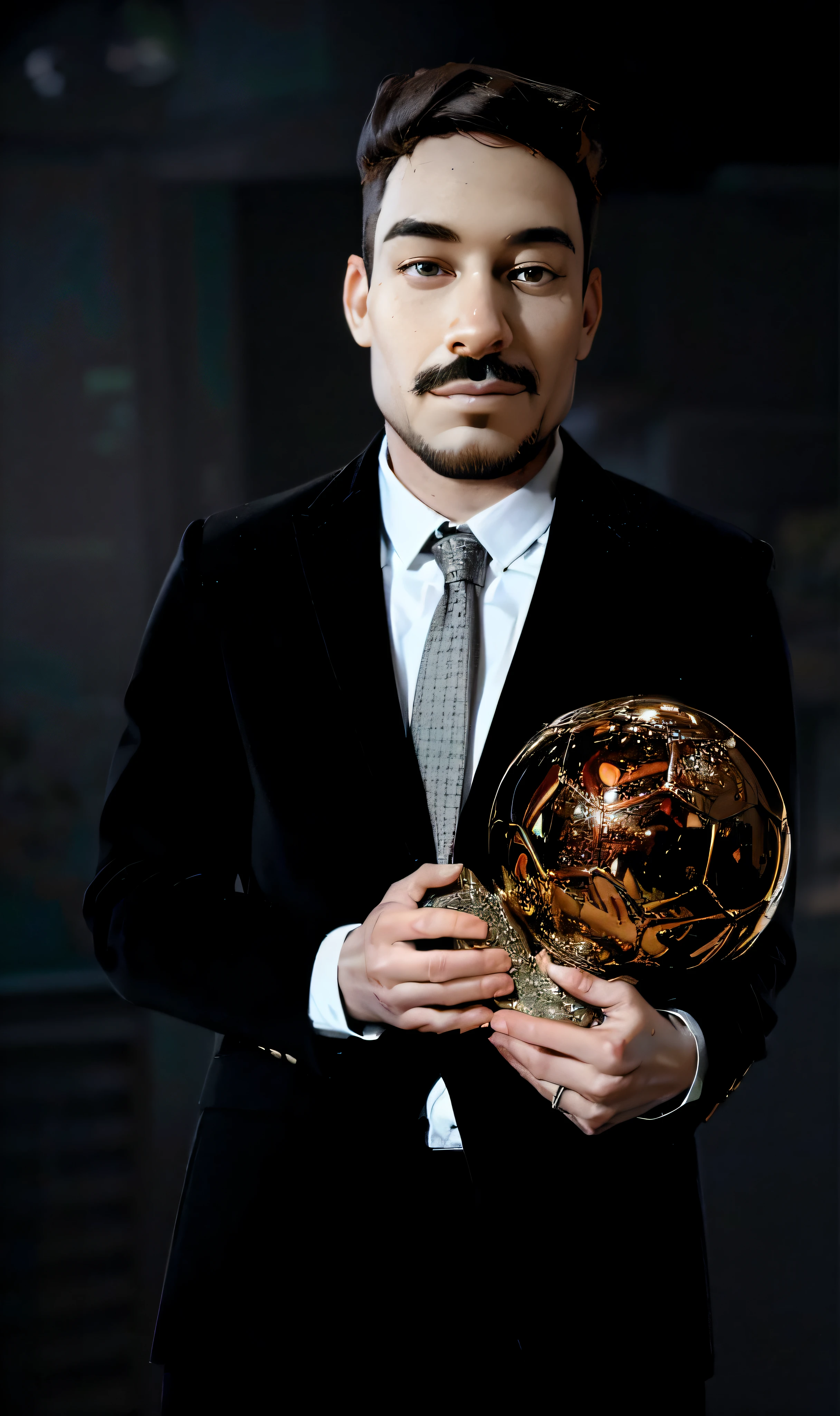 3d pixar disney style movie poster .(8k, RAW photo, best quality, masterpiece: 1.2), (intricate details), perfect eyes, brown perfect face, perfect lighting, beautiful, (masterpiece: 1.2 ), (best quality: 1.2), 1 Player holding a golden Ballon d'Or from France footboll alone, brown hair ((, adult torso, 21 years old, slight smile., 3DMM image in very high quality.