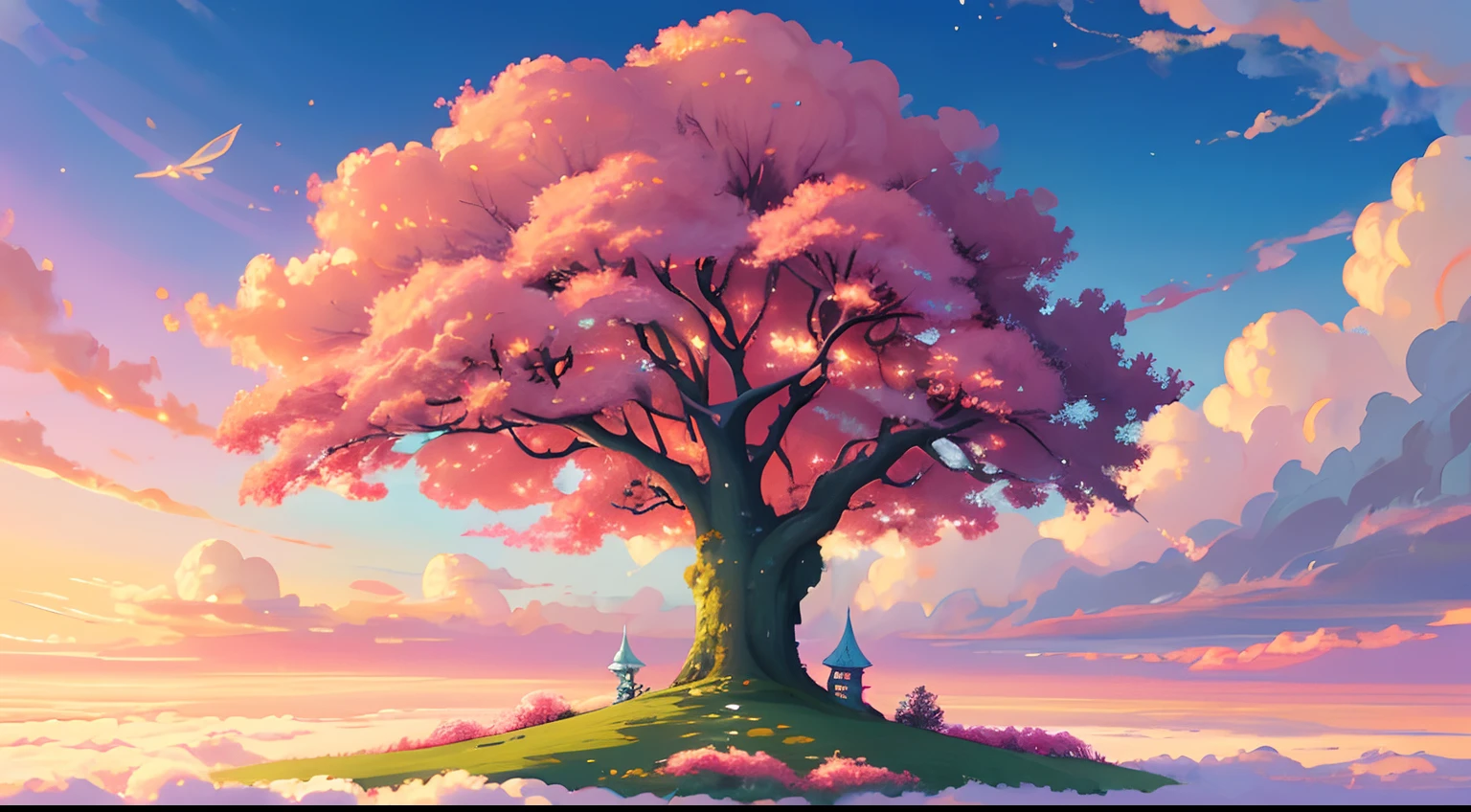 painting of a tree in the clouds with a pink sky, dreamlike digital painting, lie on white clouds fairyland, dream scenery art, digital art fantasy, anime beautiful peace scene, fantasy background, fairy tale style background, dreamy art, in the white clouds fairyland, beautiful art uhd 4 k, background artwork, painting of a dreamscape, a beautiful artwork illustration