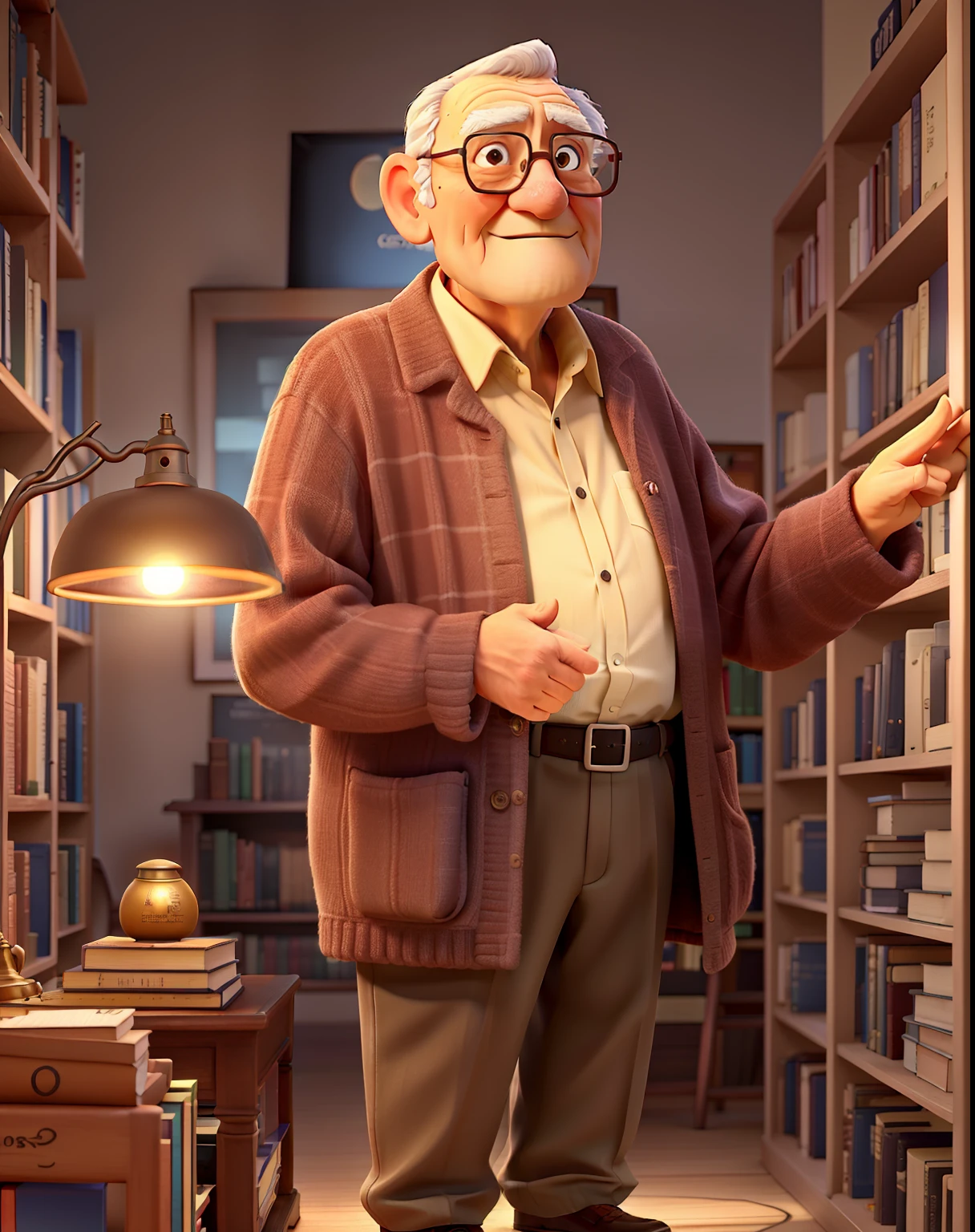 A wise old man standing in front, illuminated by the light of a lamp, against the backdrop of a library