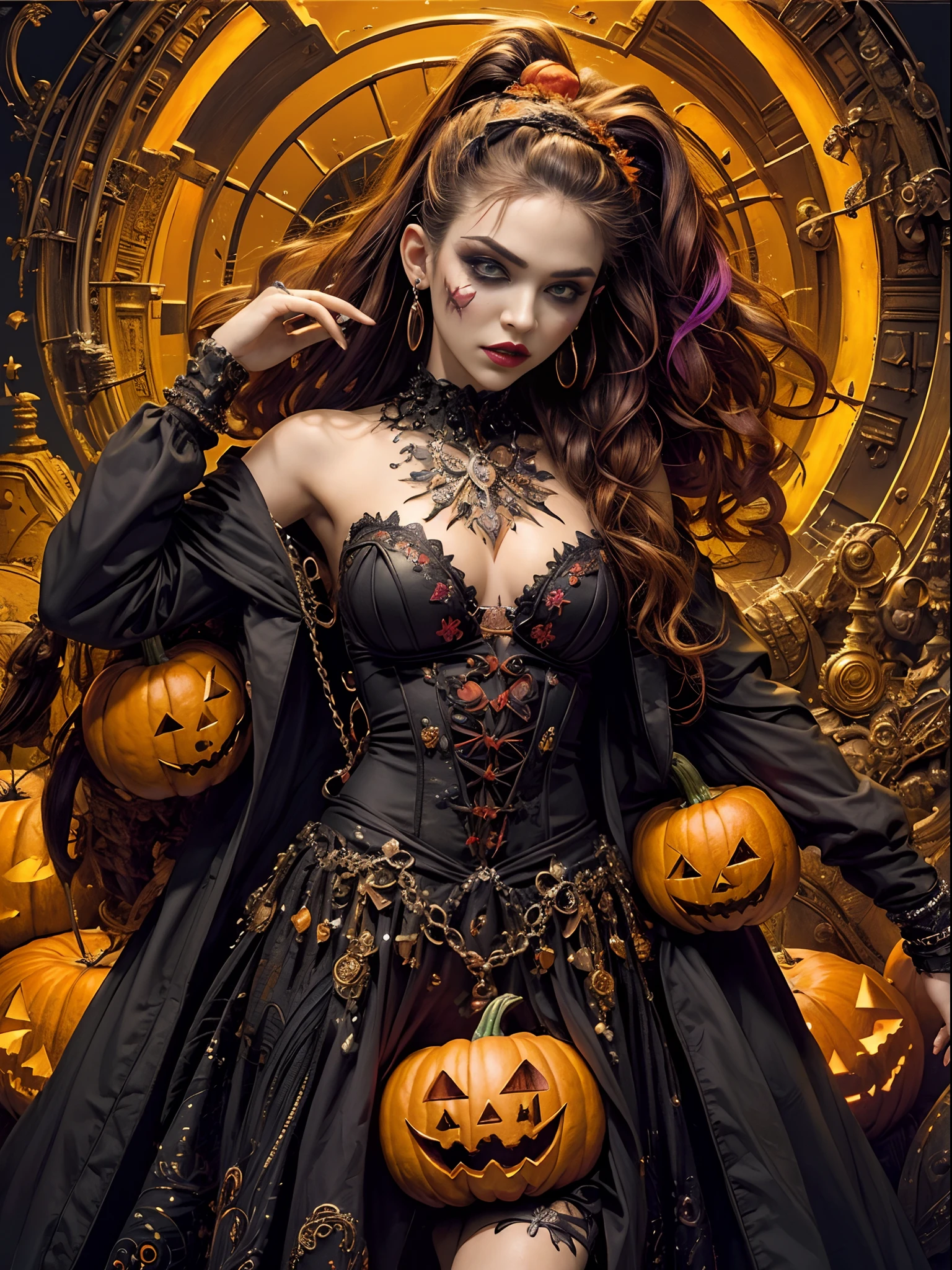 (masterpiece, top quality, best quality, official art, beautiful and aesthetic:1.8), (1girl:1.3), extremely detailed, (colorful:1.5), (20 years old), ((lots of halloween pumpkins around)), highest detailed,(zentangle:1.4), full body, (cloud halloween background), (shiny skin), (lots of halloween pumpkins), (super detailed anatomi), (super detailed face), (Halloween theme), (pumpkin skin skirt), (pumpkin skin), (pumpkin skin clothes), (into the big pumpkin), (scary joker beauty makeover), (((most unique costume))), (dark lighting),