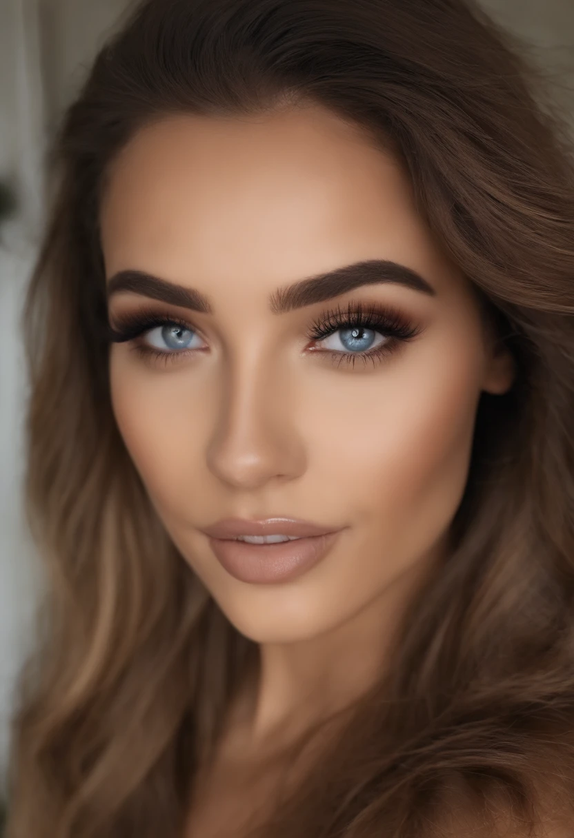 mulher arafed totalmente , com olhos azuis, ultra realistic, meticulosamente detalhado, Retrato Sophie Mudd, cabelos loiros e olhos grandes, selfie de uma jovem mulher, Olhos do quarto, Violeta Myers, sem maquiagem, maquiagem natural, Looking directly at the camera, Rosto com ArtGram, maquiagem sutil, impressionante tiro de corpo inteiro ajoelhado na cama, no quarto, busto de tamanho grande