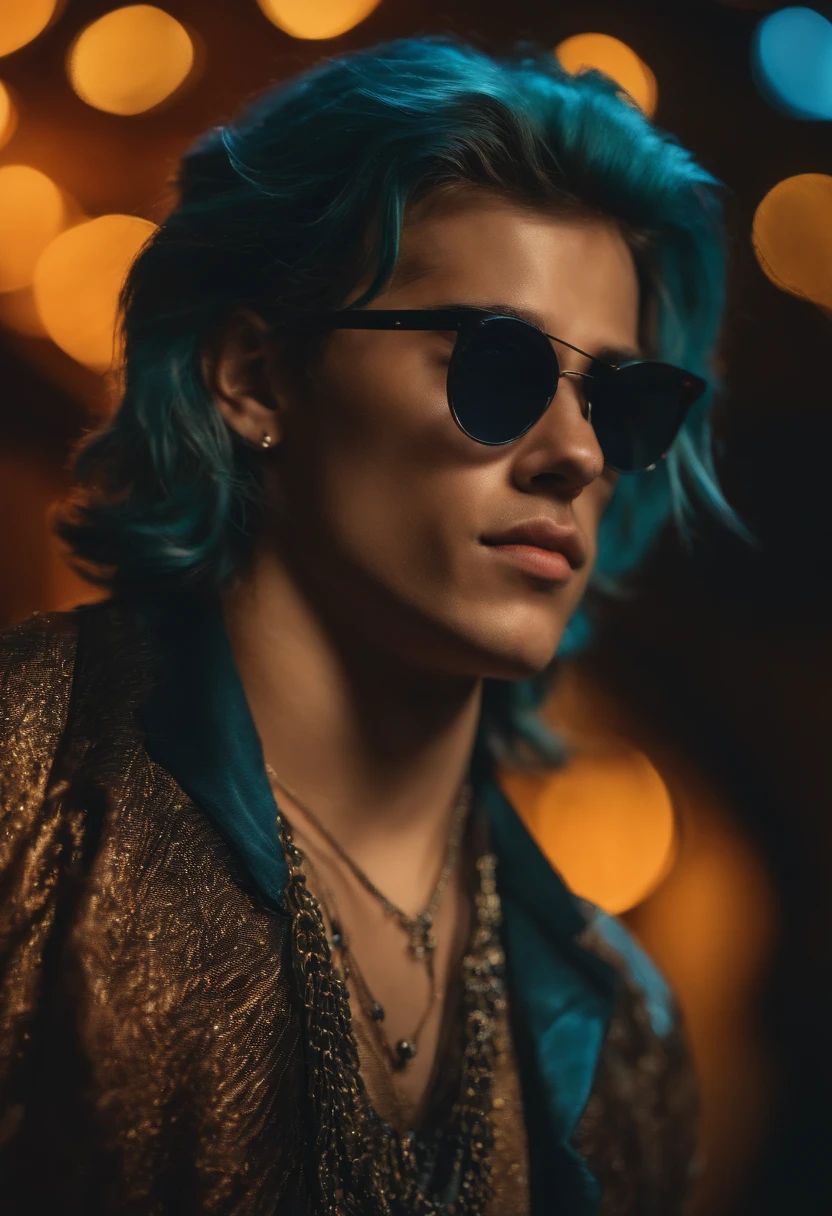 Imagem de um jovem de oculos e cabelo mullet, cantando numa igreja muito estiloso