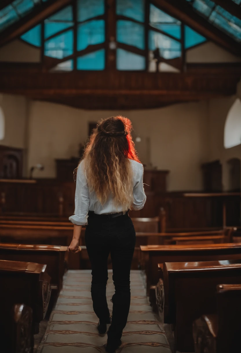 Imagem de um jovem de oculos e cabelo mullet, cantando numa igreja muito estiloso
