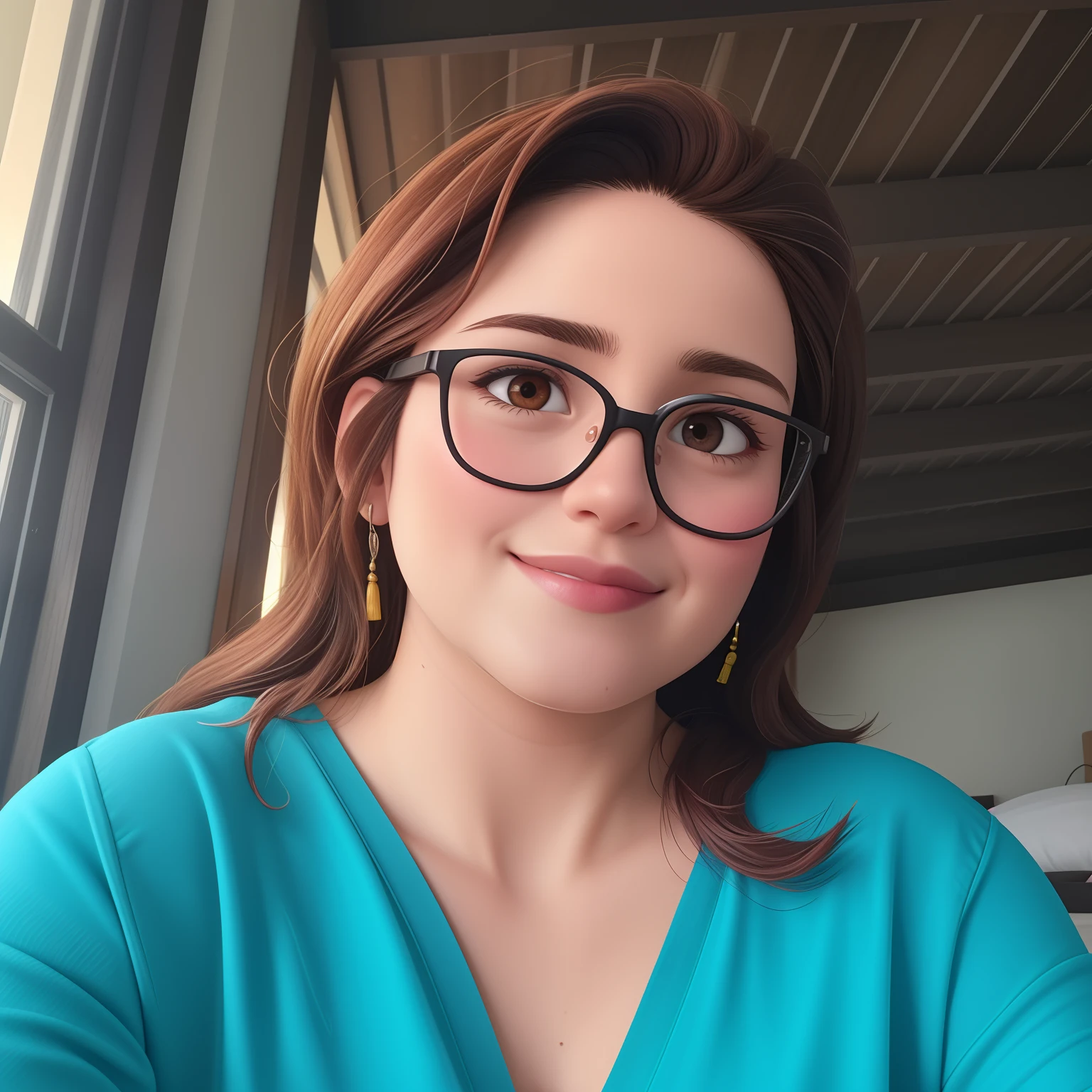 Uma mulher de 30 anos, arquiteta, with medium hair, castanho escuro, Rosto redondo, sorriso encantador, e olhos castanhos e levemente puxados, pele morena, de camisa e trabalhando.