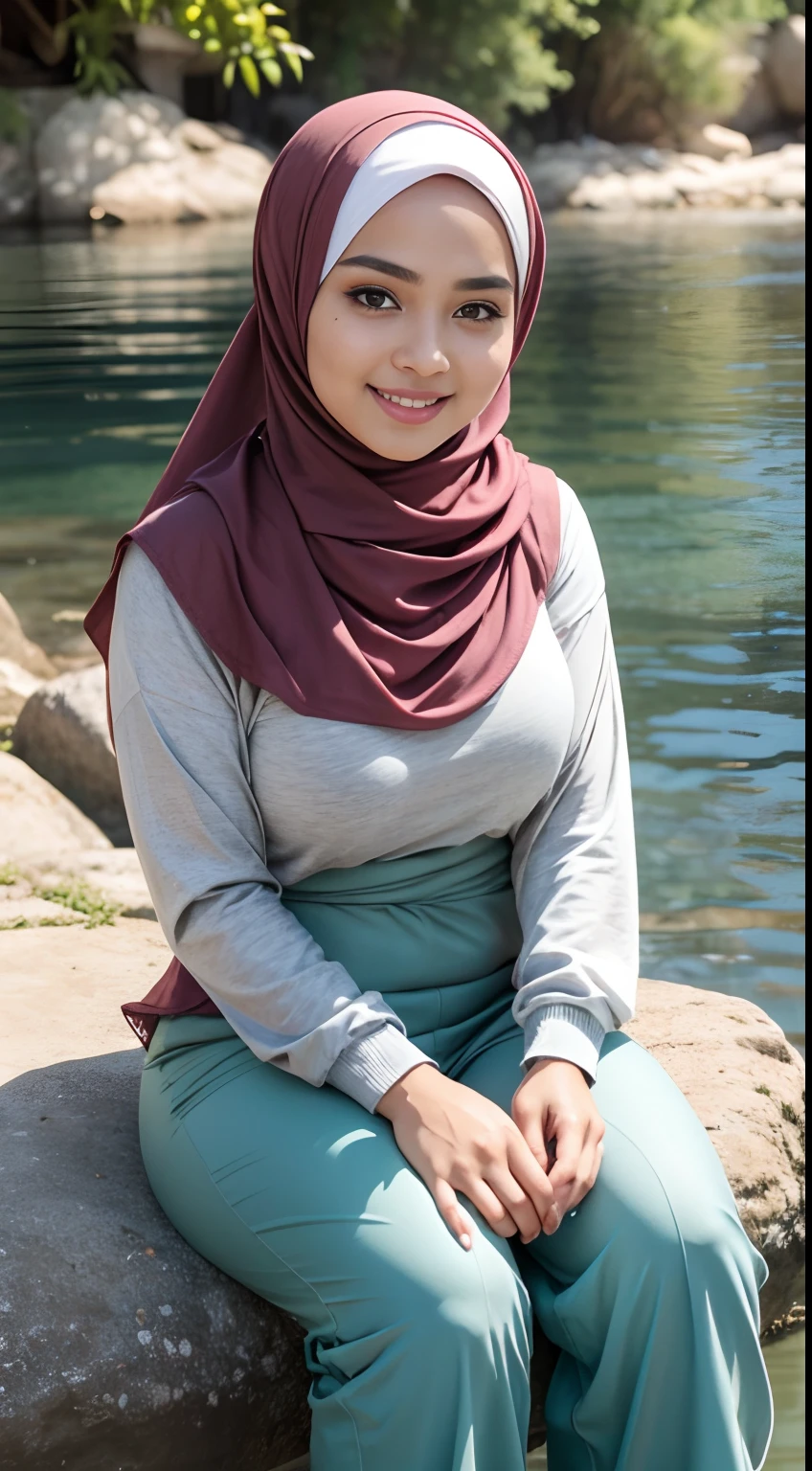 RAW, Best quality, high resolution, masterpiece: 1.3), beautiful Malay woman in hijab (iu:0.8),Best quality, high resolution, Masterpiece: 1.3, Beautiful  hijabi malay girl, Masterpiece, Soft smile,Beautiful Malay women wear pastel color hijab sitting in the water, bright sunshine, hiking clothes, pullover, long pants, highres,4k,HDR,1girl, photorealistic, realistic,sweat skin, wet clothes, wet body, big breast, ((full body))soaked, dripping, smiling at viewer, closeup