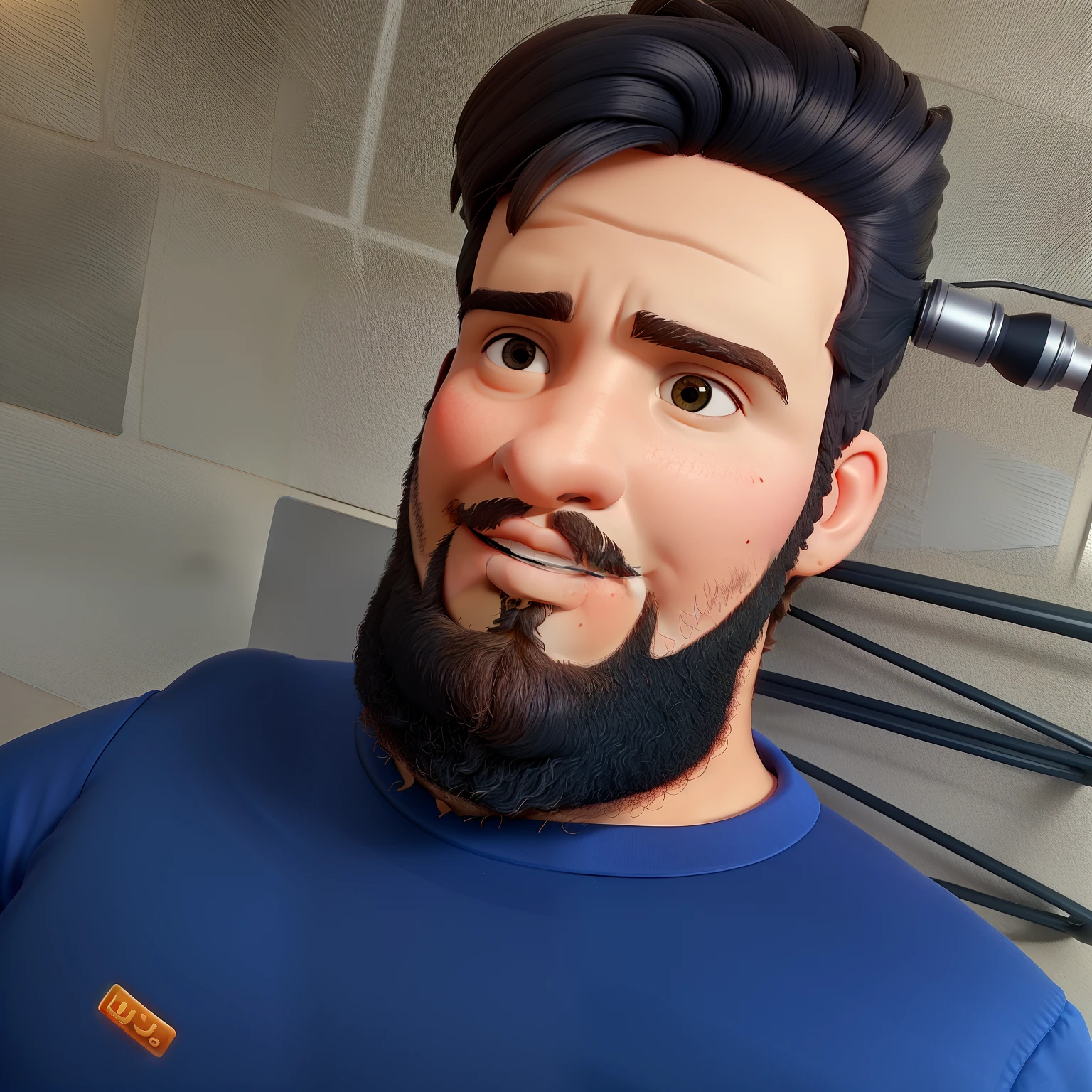 Um gordinho de cabelo cortado em volta de uma cadeira de barbeiroaltura de 1,70, illuminated by the light of a lamp, contra o pano de fundo de uma barbearia