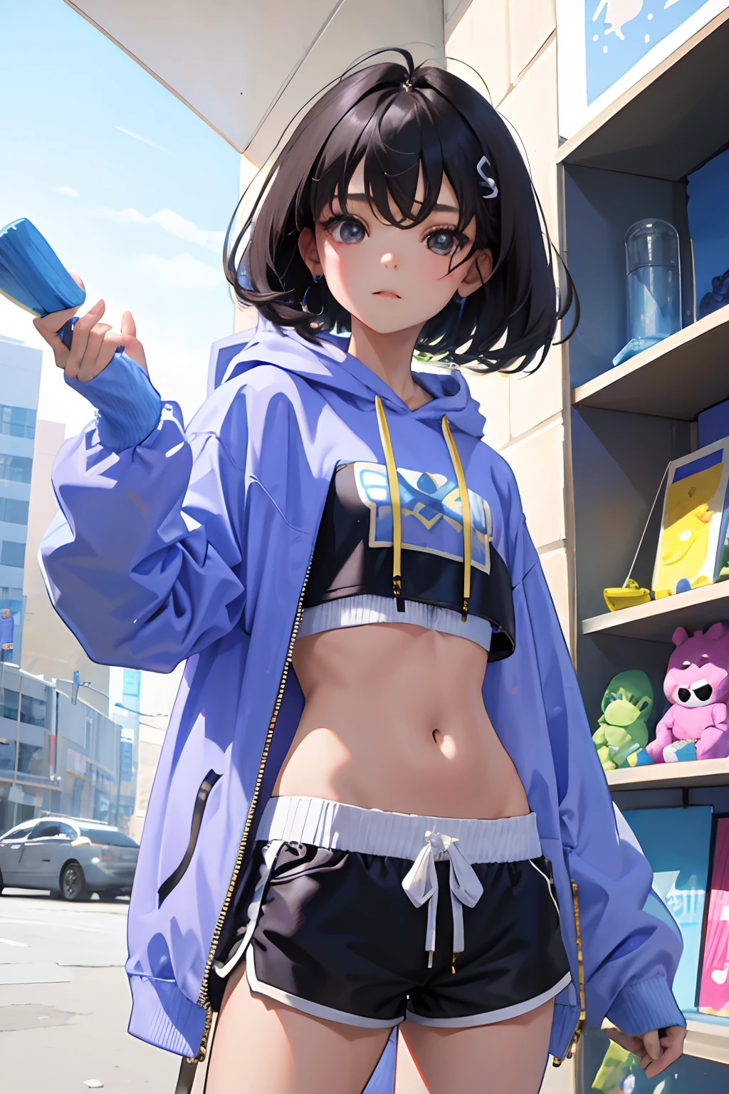(child),(masterpiece,Highest Quality),Crop Top Look,Pastel Hoodie,(Gingham Check Shorts),A dark-haired,Twin-tailed,World of toys