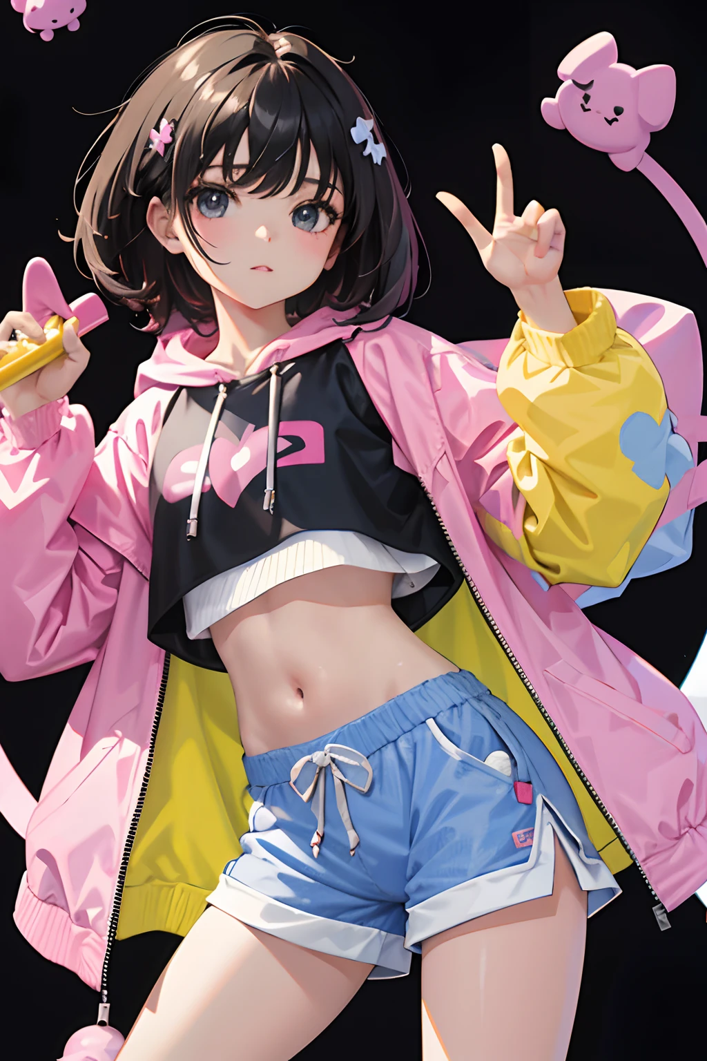 (child),(masterpiece,Highest Quality),Crop Top Look,Pastel Hoodie,(Gingham Check Shorts),A dark-haired,Twin-tailed,World of toys