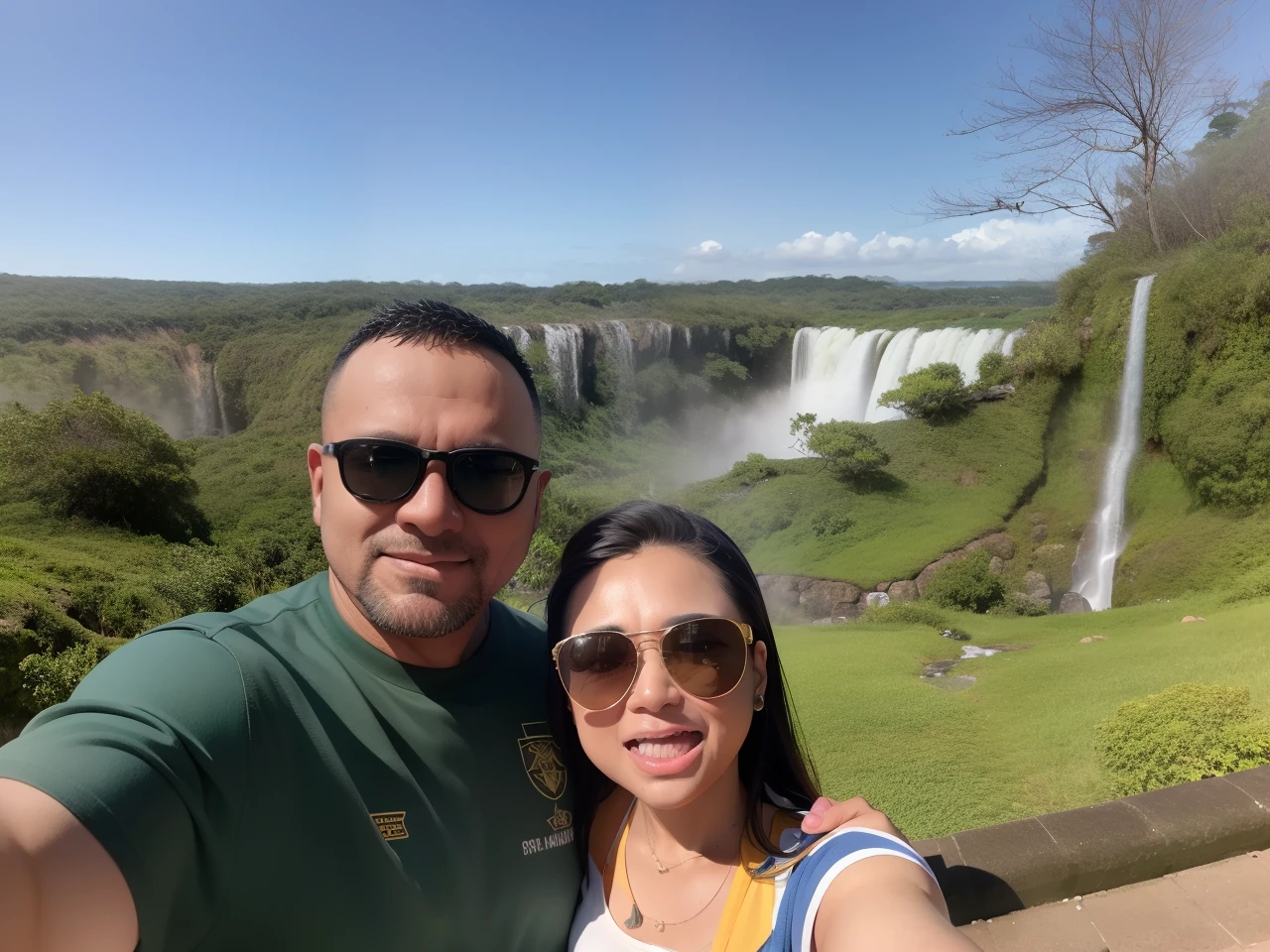 Homem e mulher fazendo uma selfie em frente a uma cachoeira, cachoeiras ao fundo, vacation photo, cachoeira ao fundo, com uma cachoeira, divertindo-se, with trees and waterfalls, tirado no iphone 14 pro, com cachoeiras, com cachoeiras e rio, Postagem no Reddit, Directed by: Nandor Soldier