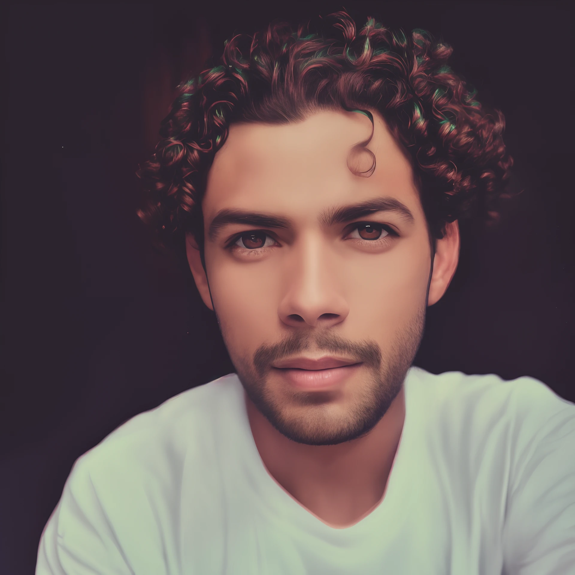 Retrato de um homem muito bonito. short hair. Cabelos cacheados e loiro escuro. nice smile. olhos negros. pele perfeita. fotorrealista, hiperdetalhado, alta qualidade, 8k